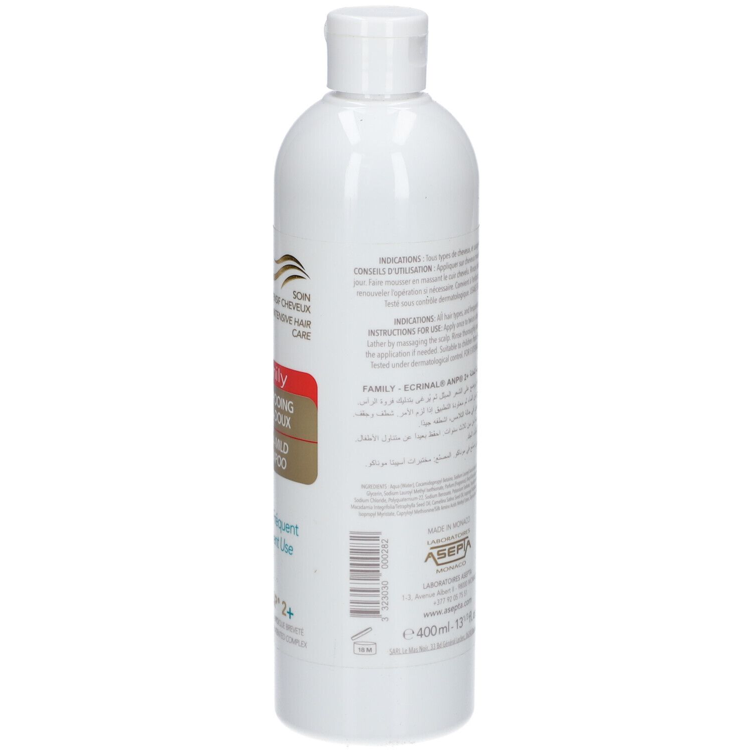 Flacon de shampooing blanc avec texte sur fond marron. Texte : ECRINAL, Family Shampooing Ultra-Doux, 400ml.