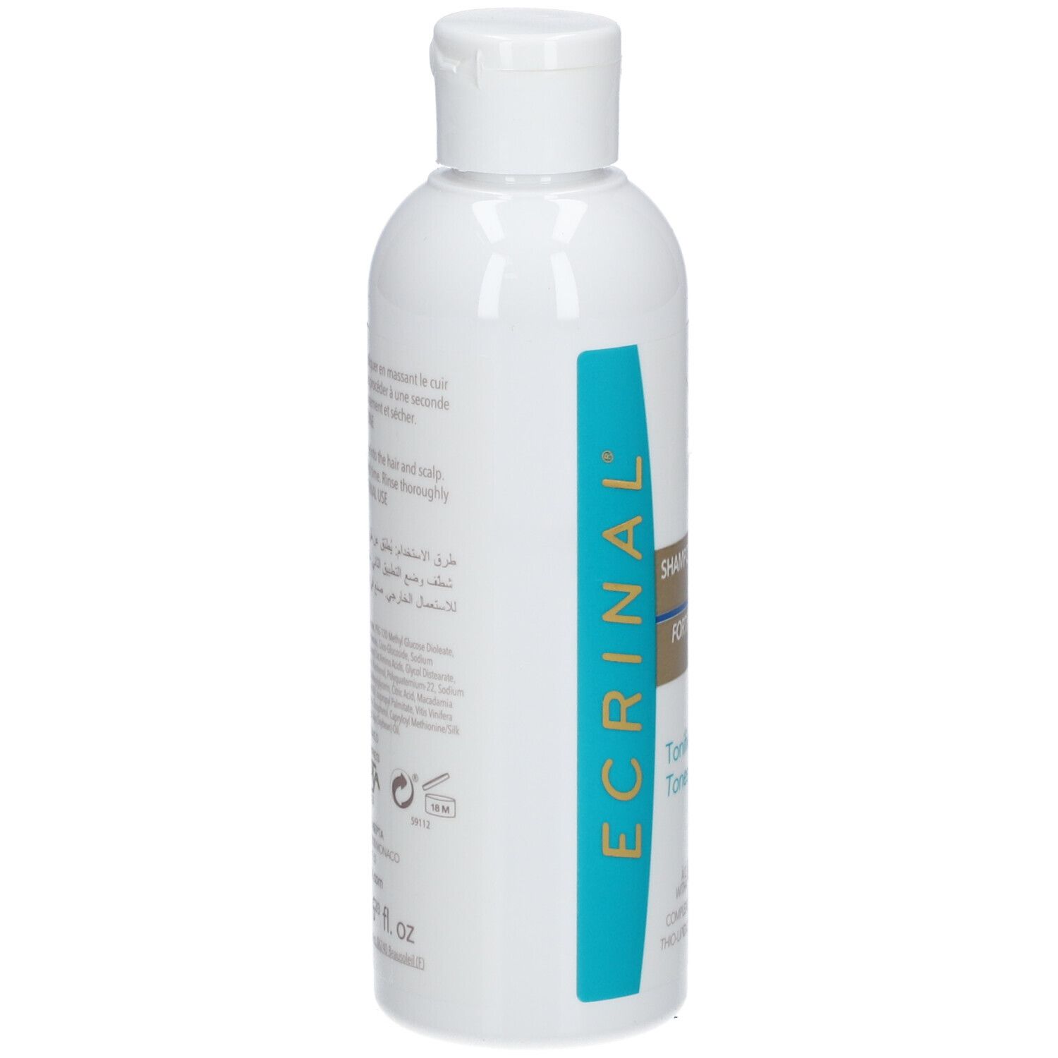 Flacon blanc avec étiquette bleue. Texte: ECRINAL, Shampooing Fortifiant Homme, Tonifie & Revitalise, ANP 2+.