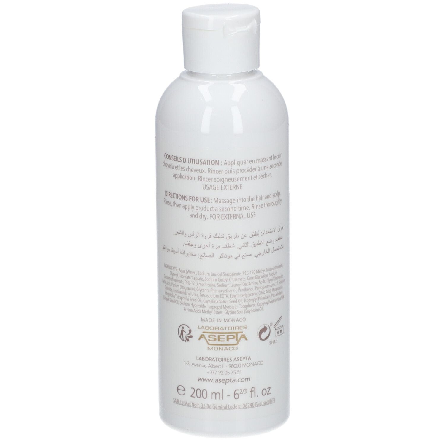 Flacon blanc avec texte. Texte: Mode d'emploi, Laboratoires ASEPTA, 200 ml.