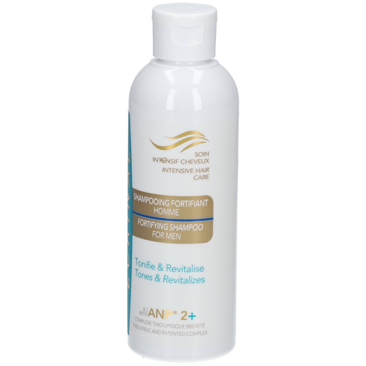 Flacon blanc avec étiquette bleue. Texte: ECRINAL, Shampooing Fortifiant Homme, Tonifie & Revitalise, ANP 2+.