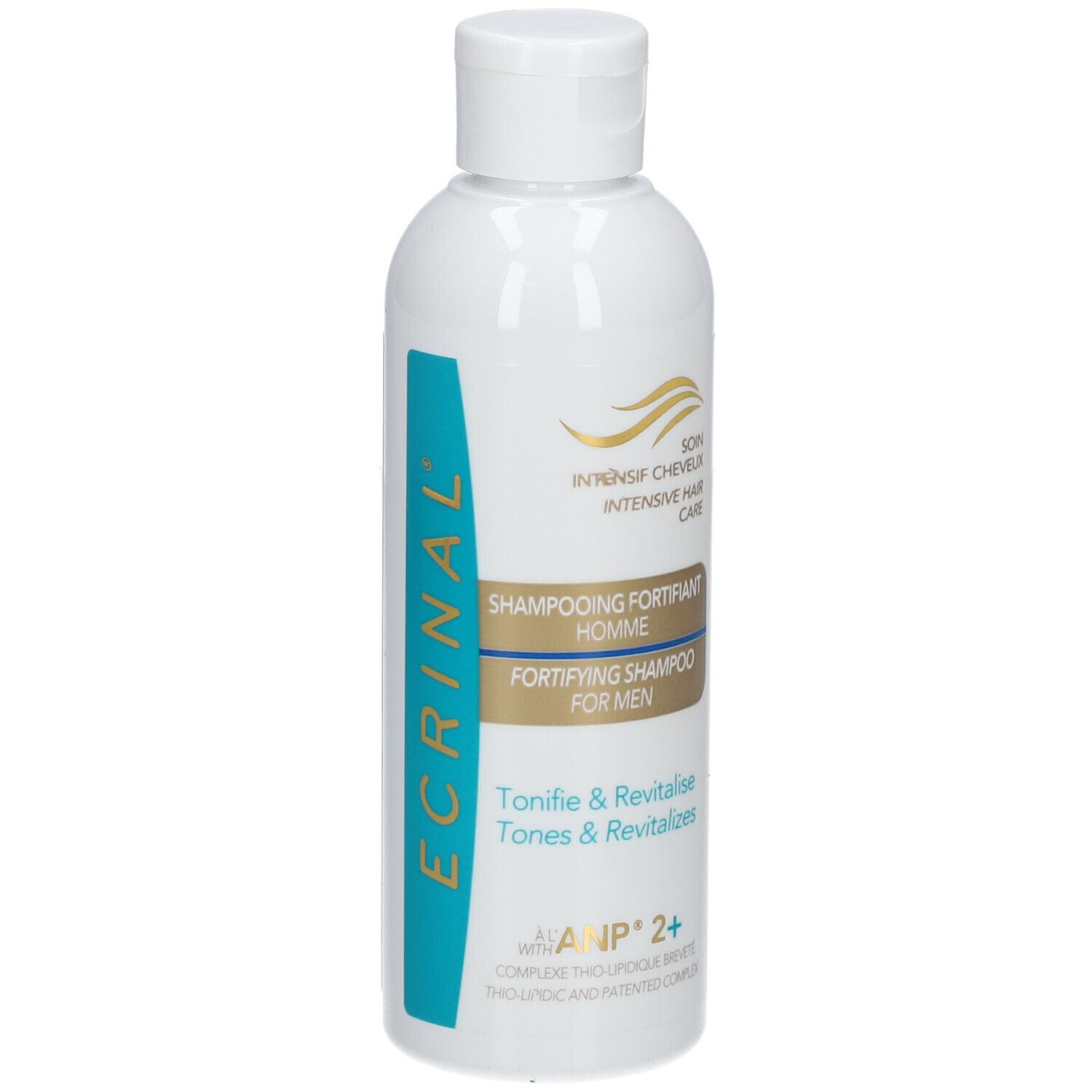 Flacon blanc avec étiquette bleue. Texte: ECRINAL, Shampooing Fortifiant Homme, Tonifie & Revitalise, ANP 2+.