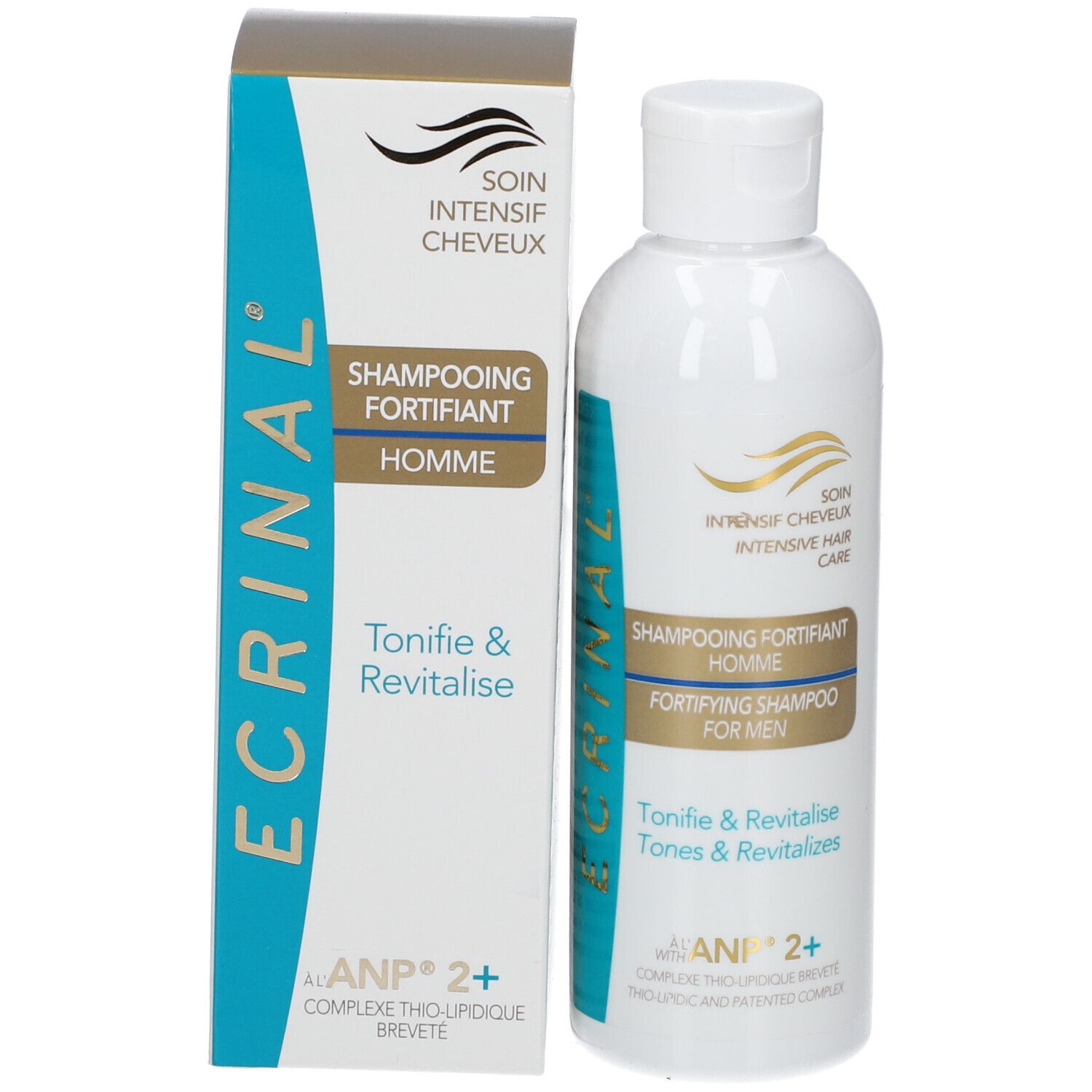 Emballage et flacon. Texte: ECRINAL, Shampooing Fortifiant Homme, Tonifie & Revitalise, ANP 2+.