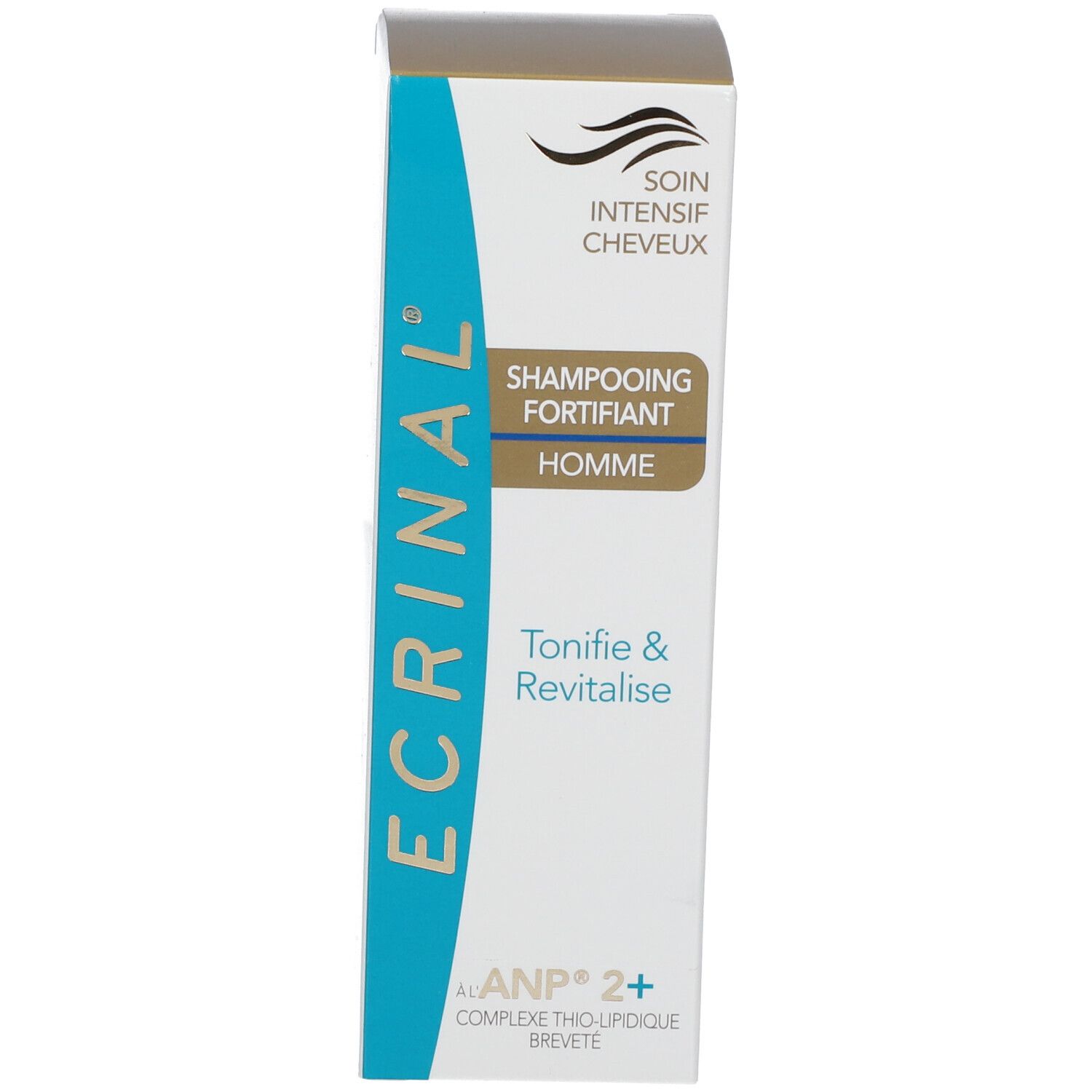 Emballage du produit. Texte: ECRINAL, Shampooing Fortifiant Homme, Tonifie & Revitalise, ANP 2+.