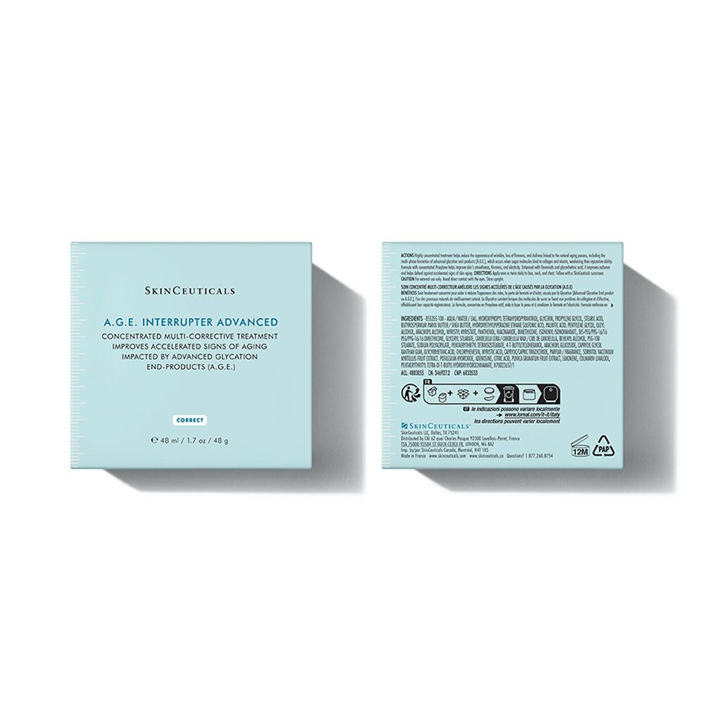Emballage de produit bleu clair. Inscription : SkinCeuticals A.G.E. INTERRUPTER ADVANCED. Texte au dos.