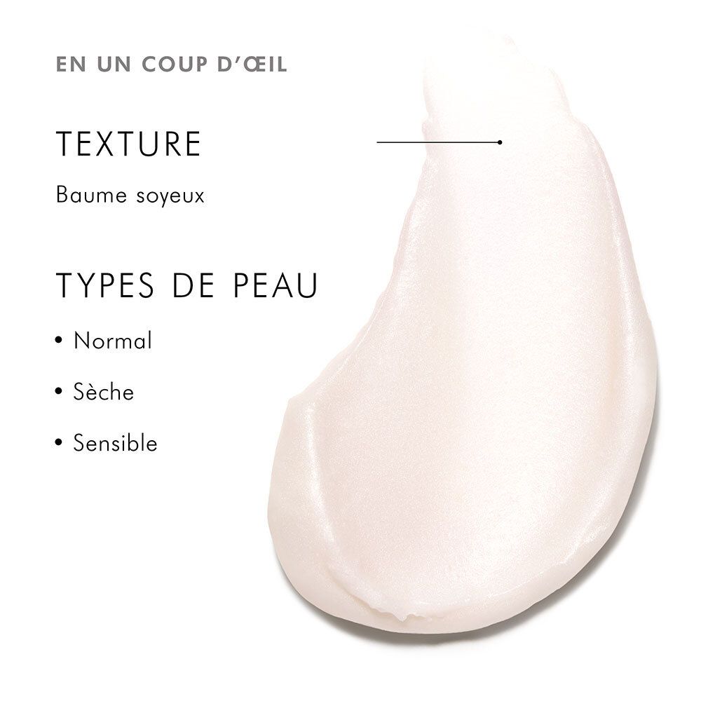 Texture de la crème. Baume soyeux. Types de peau : Normale, sèche, sensible.