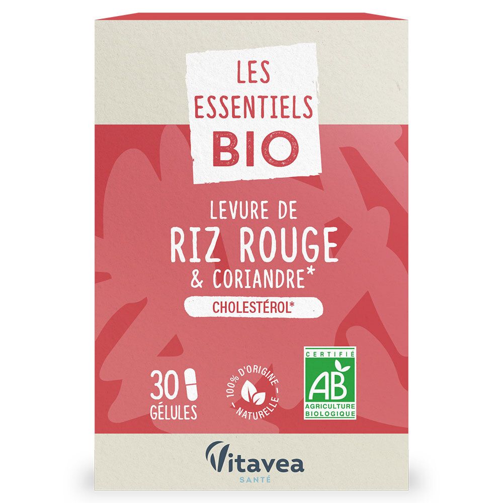 Karton mit roter Schrift. Enthält 30 Kapseln. Aufschrift: Les Essentiels Bio, Levure de Riz Rouge & Coriandre, Cholestérol.