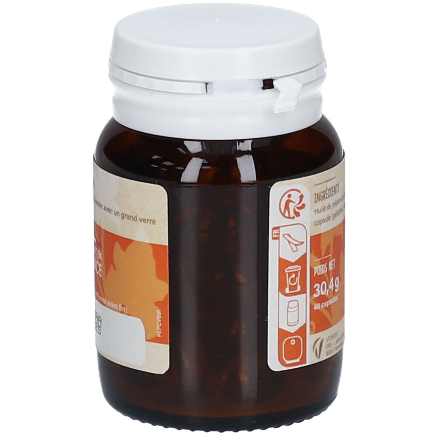 Flacon en verre brun avec bouchon blanc. Étiquette avec informations. Marque: VitaVea. Contenu: 40 gélules.