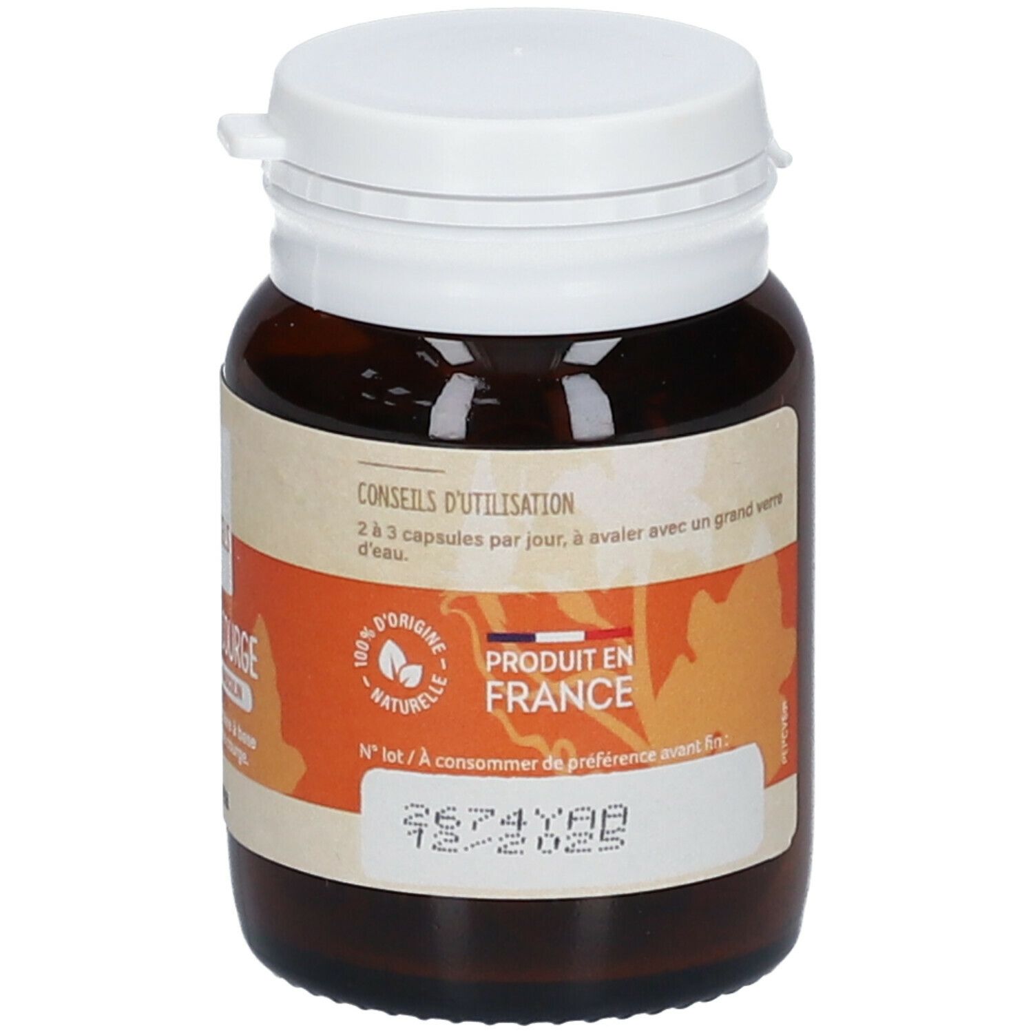 Flacon en verre brun avec bouchon blanc. Étiquette avec conseils d'utilisation et indication d'origine. Marque: VitaVea.