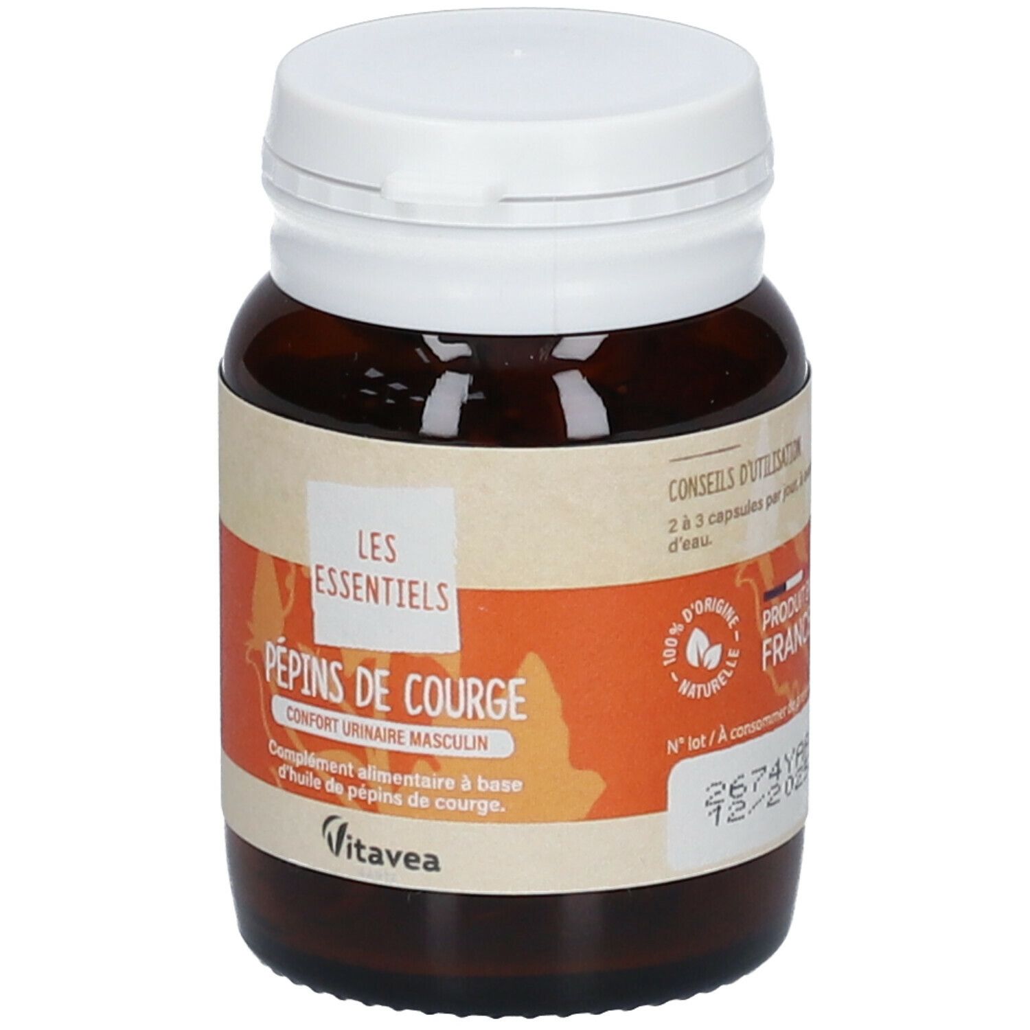 Flacon en verre brun avec bouchon blanc. Étiquette avec nom du produit, marque VitaVea et texte: Pépins de Courge, Les Essentiels.