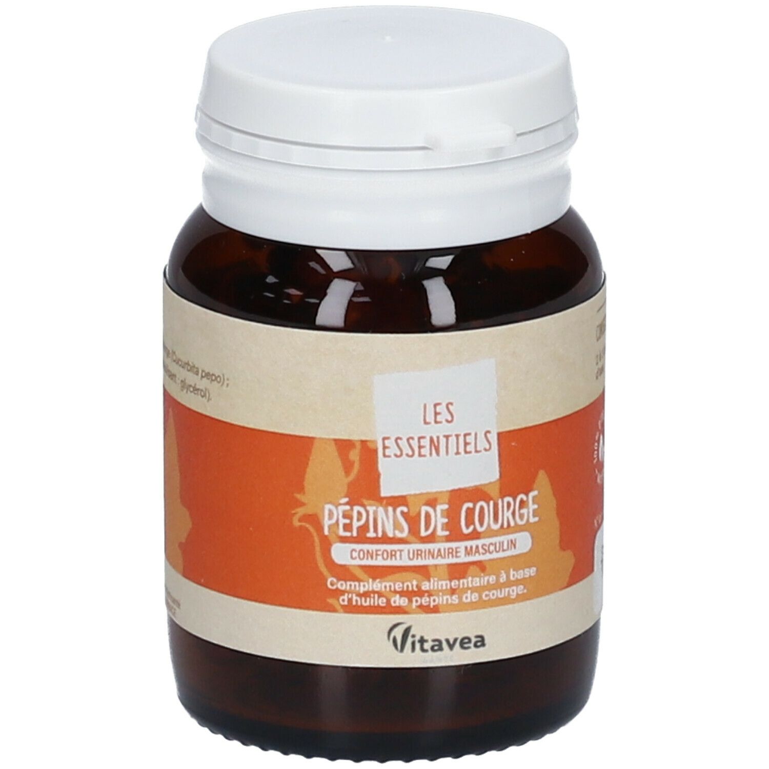 Flacon en verre brun avec bouchon blanc. Étiquette avec nom du produit, marque VitaVea et texte: Pépins de Courge, Les Essentiels.