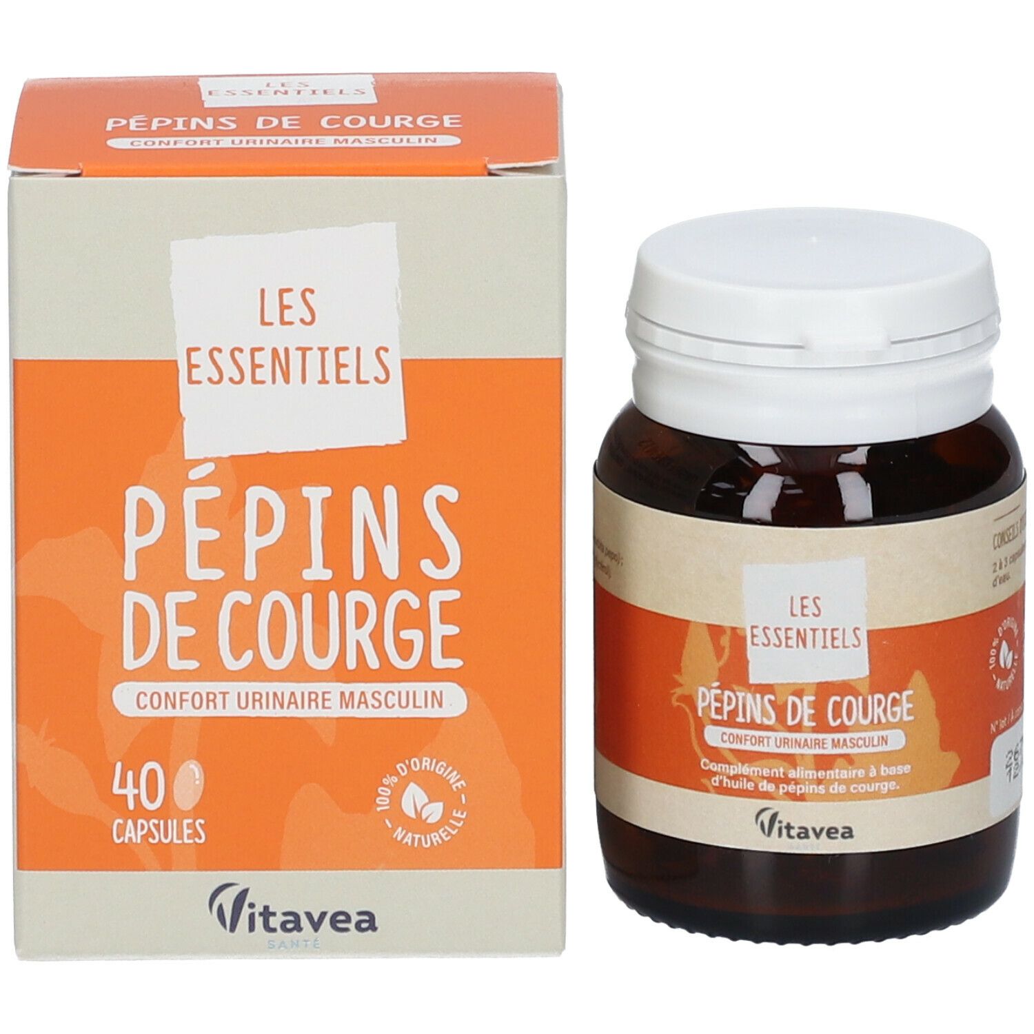 Emballage du produit et flacon. Emballage avec nom du produit, marque VitaVea et texte: Pépins de Courge, Les Essentiels. 40 gélules.