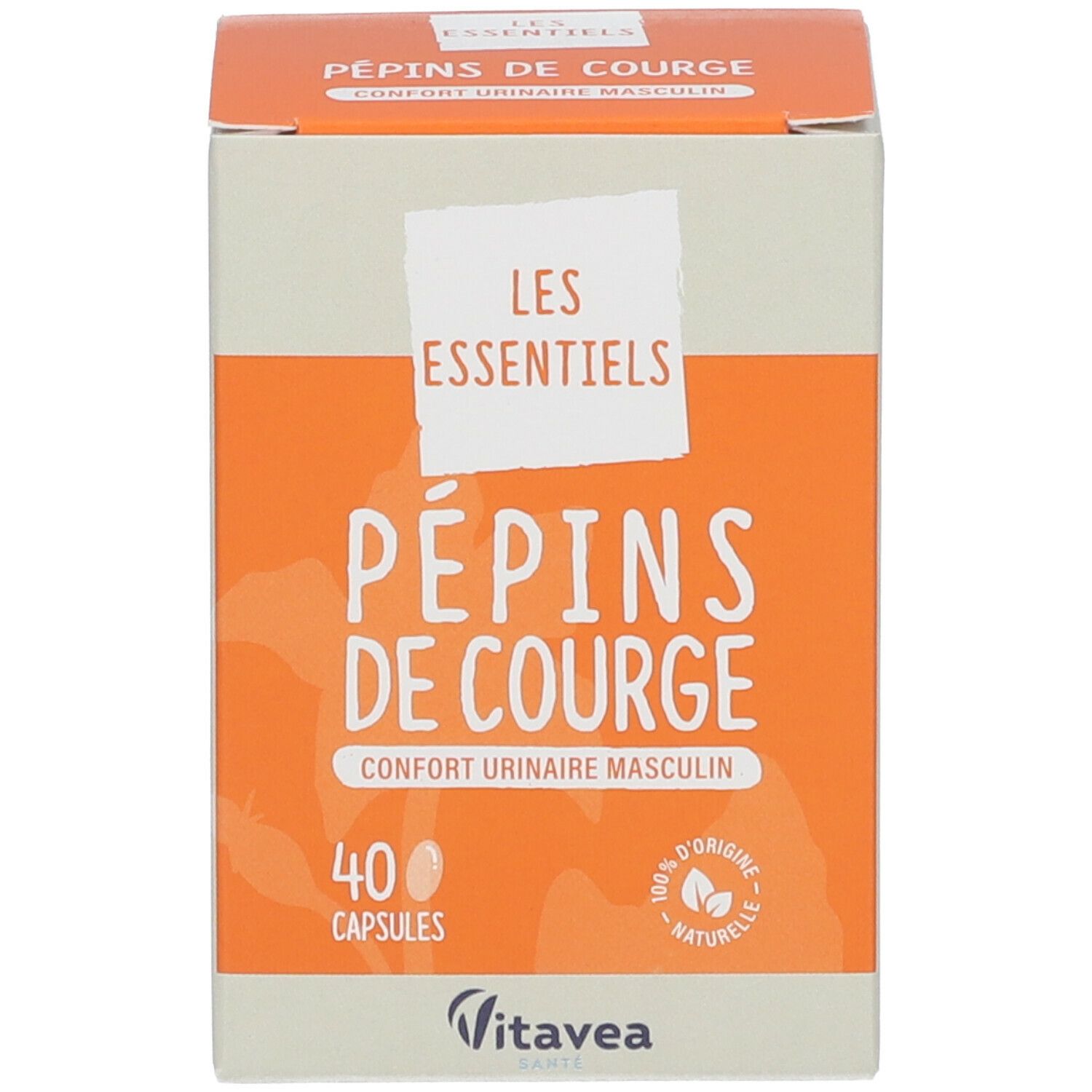 Emballage du produit. Emballage avec nom du produit, marque VitaVea et texte: Pépins de Courge, Les Essentiels. 40 gélules.