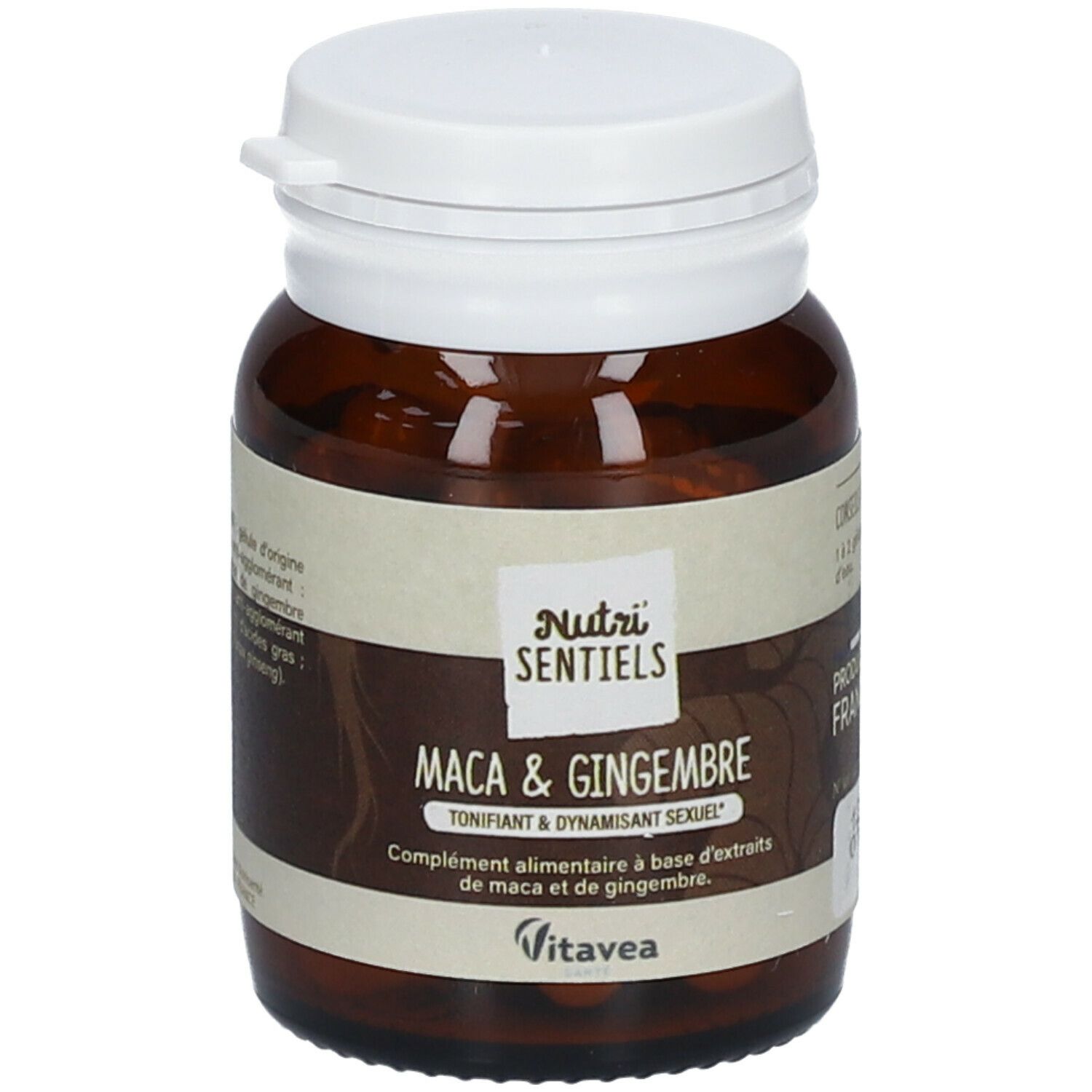 Braune Glasflasche mit weißem Deckel. Aufschrift: NUTRI'SENSIELS Maca & Ingwer. Ergänzungsmittel.
