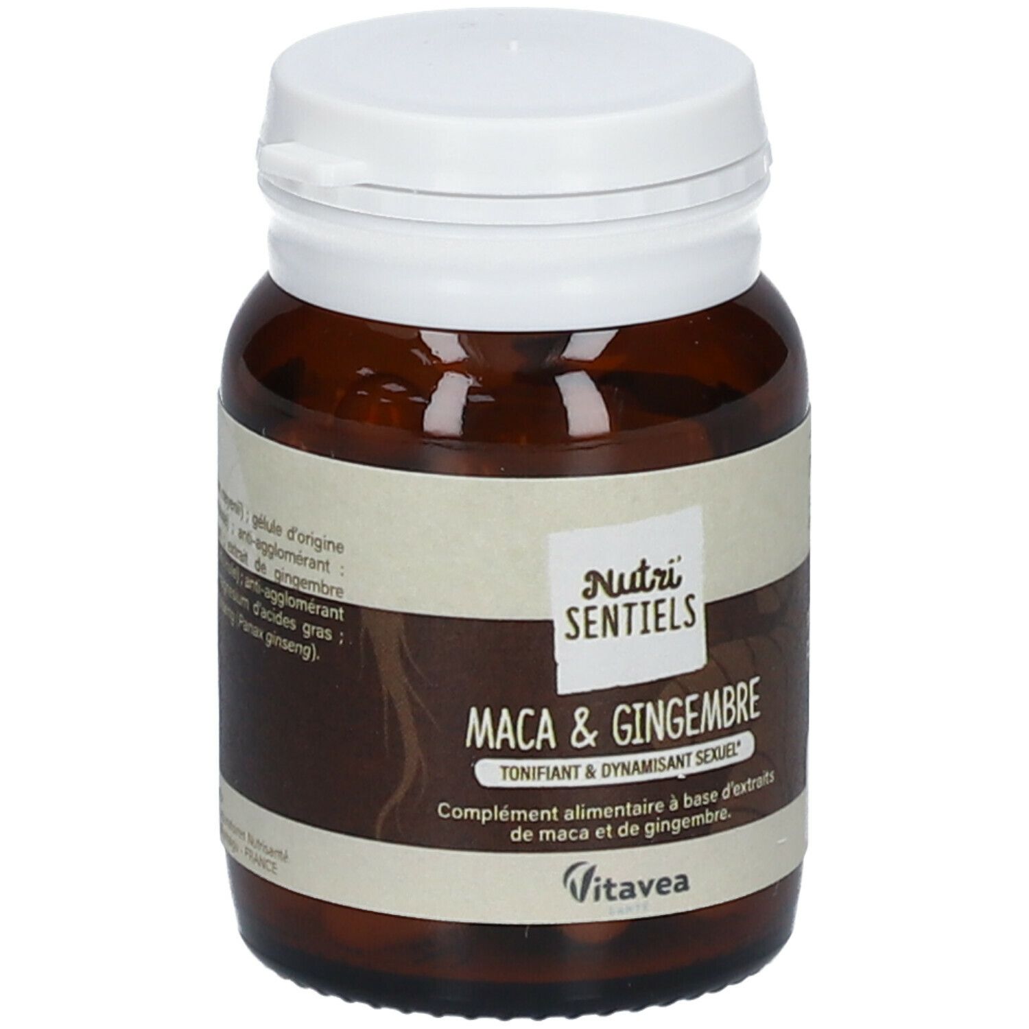 Braune Glasflasche mit weißem Deckel. Aufschrift: NUTRI'SENSIELS Maca & Ingwer. Ergänzungsmittel.