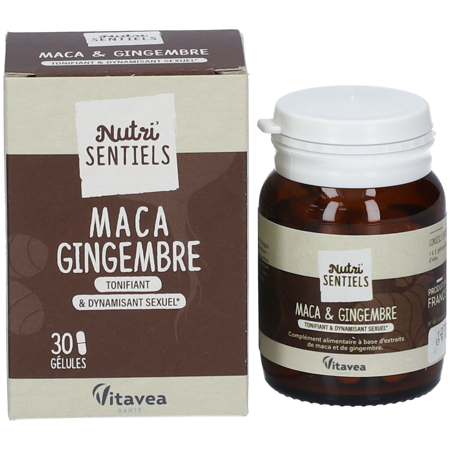 Produktpackung und Flasche. Packung mit Aufschrift: NUTRI'SENSIELS Maca & Ingwer. 30 Kapseln. Flasche daneben.