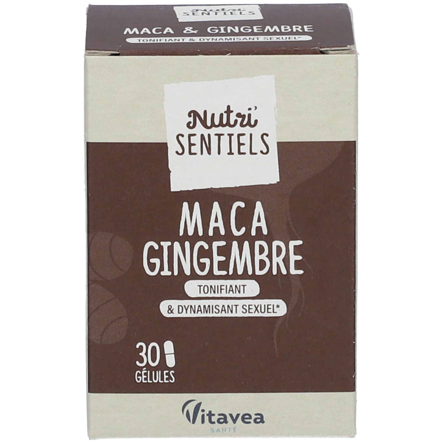 Produktverpackung. Aufschrift: NUTRI'SENSIELS Maca & Ingwer. 30 Kapseln. Marke Vitae. Braun und beige.
