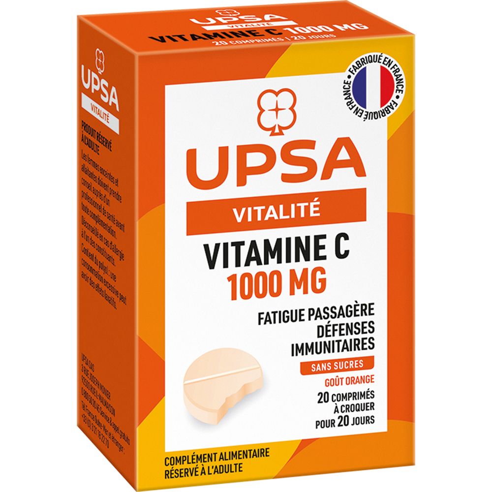 Vitamine C Upsa 1000 mg - 20 comprimés effervescents - Adulte - Complément alimentaire, goût orange 