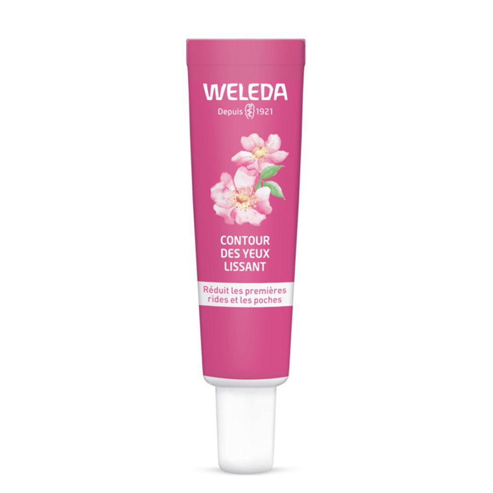 Rosa Tube mit weißem Verschluss. Aufschrift: WELEDA, Contour des Yeux Lissant. Mit Blumen-Illustration.