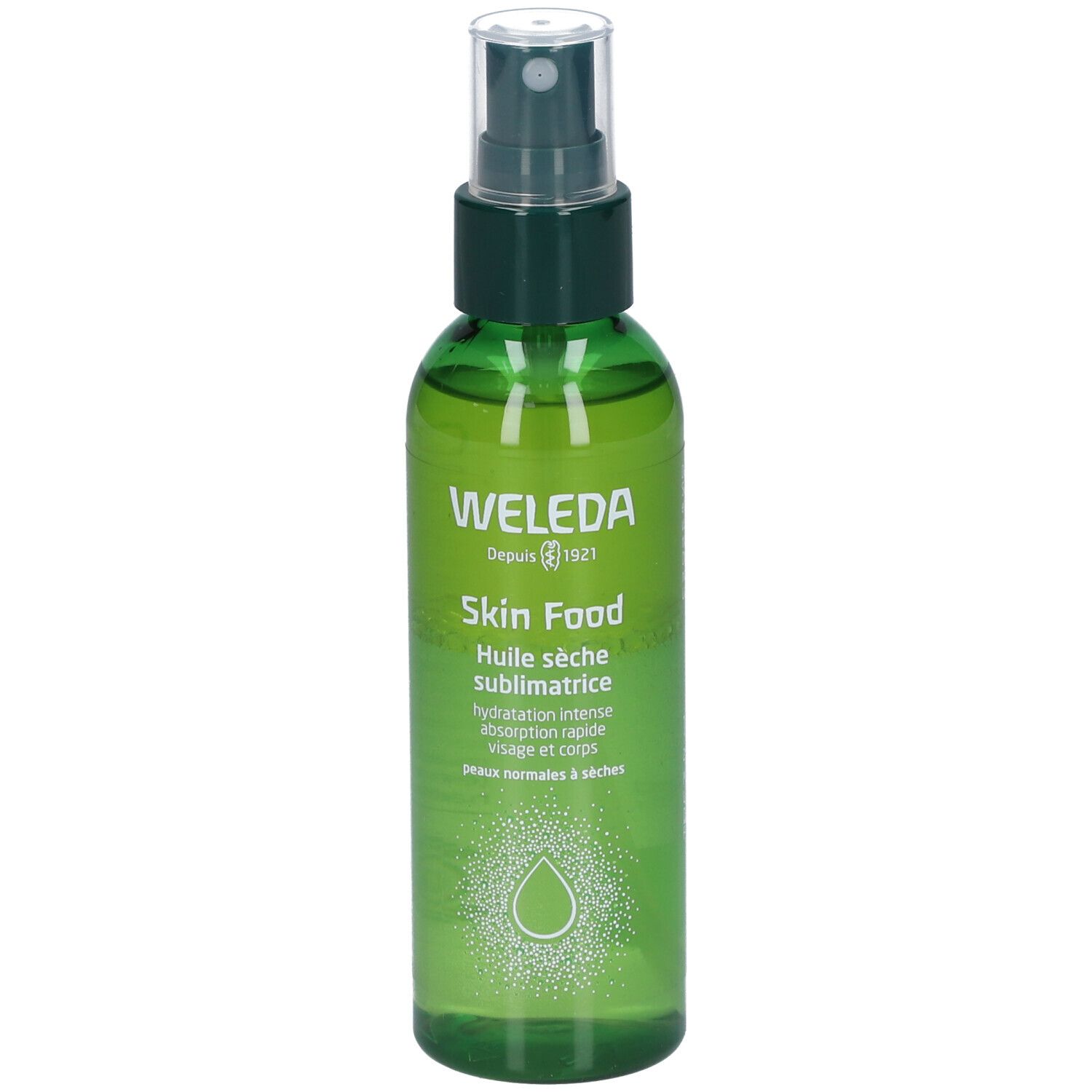Grüne Sprühflasche mit WELEDA Skin Food. Klare Flüssigkeit, grüner Deckel. Text: Huile sèche sublimatrice.