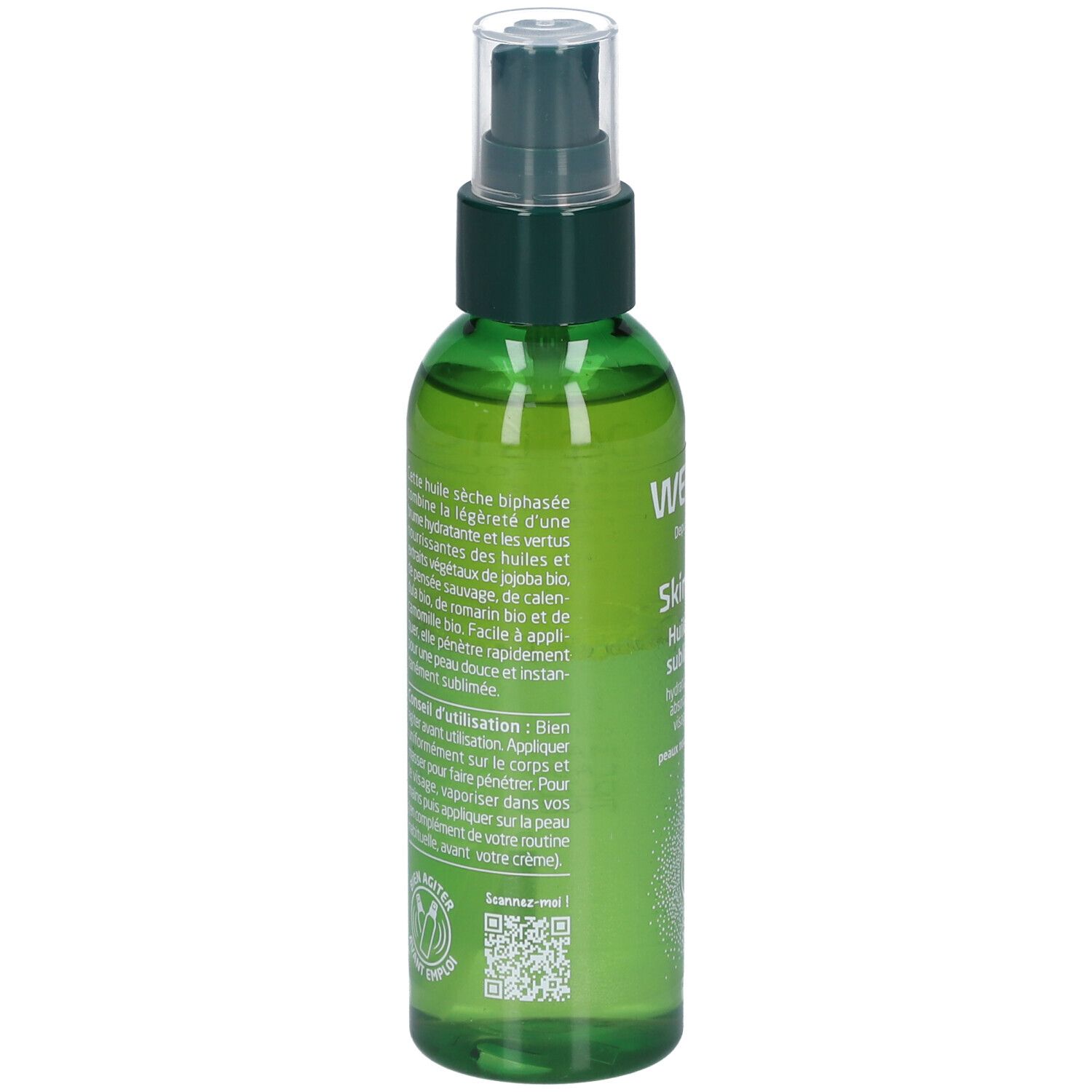 Rückseite der grünen Sprühflasche. Text und QR-Code. Produktname: WELEDA Skin Food Huile sèche sublimatrice.