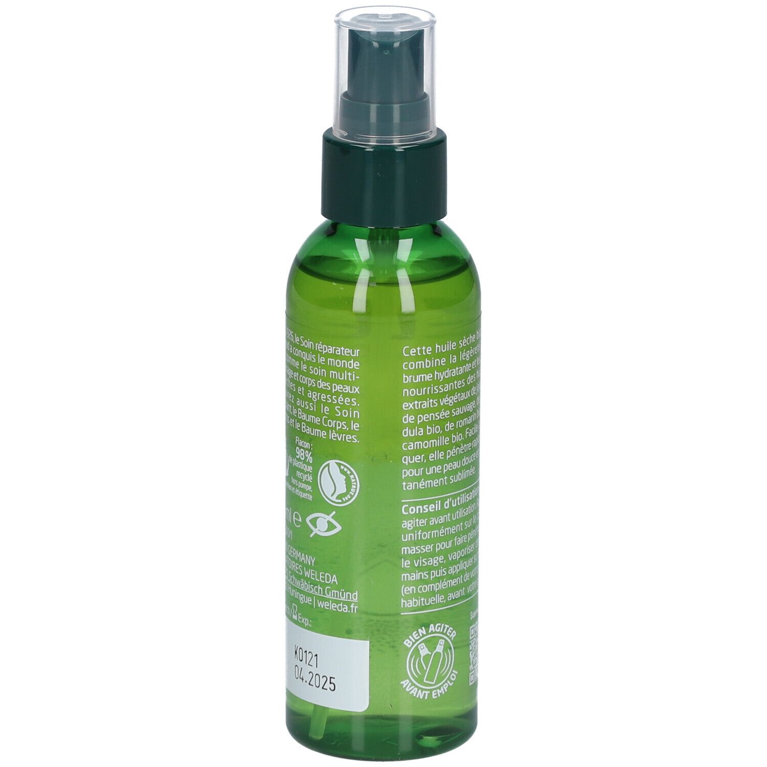 Rückseite der grünen Sprühflasche. Text und Logos. Produktname: WELEDA Skin Food Huile sèche sublimatrice.