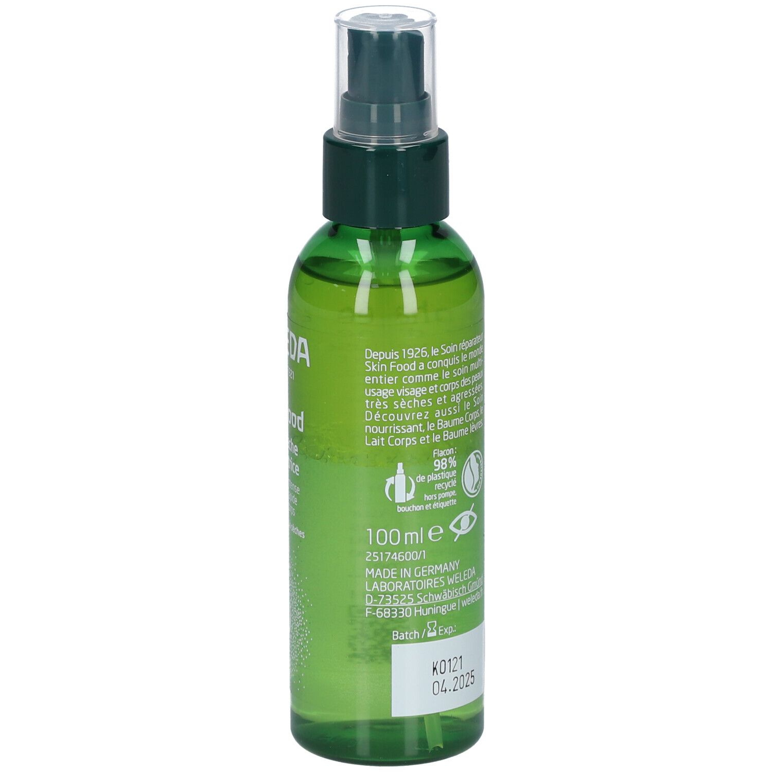Grüne Sprühflasche mit Text. Produktname: WELEDA Skin Food Huile sèche sublimatrice. 100 ml. Hergestellt in Deutschland.