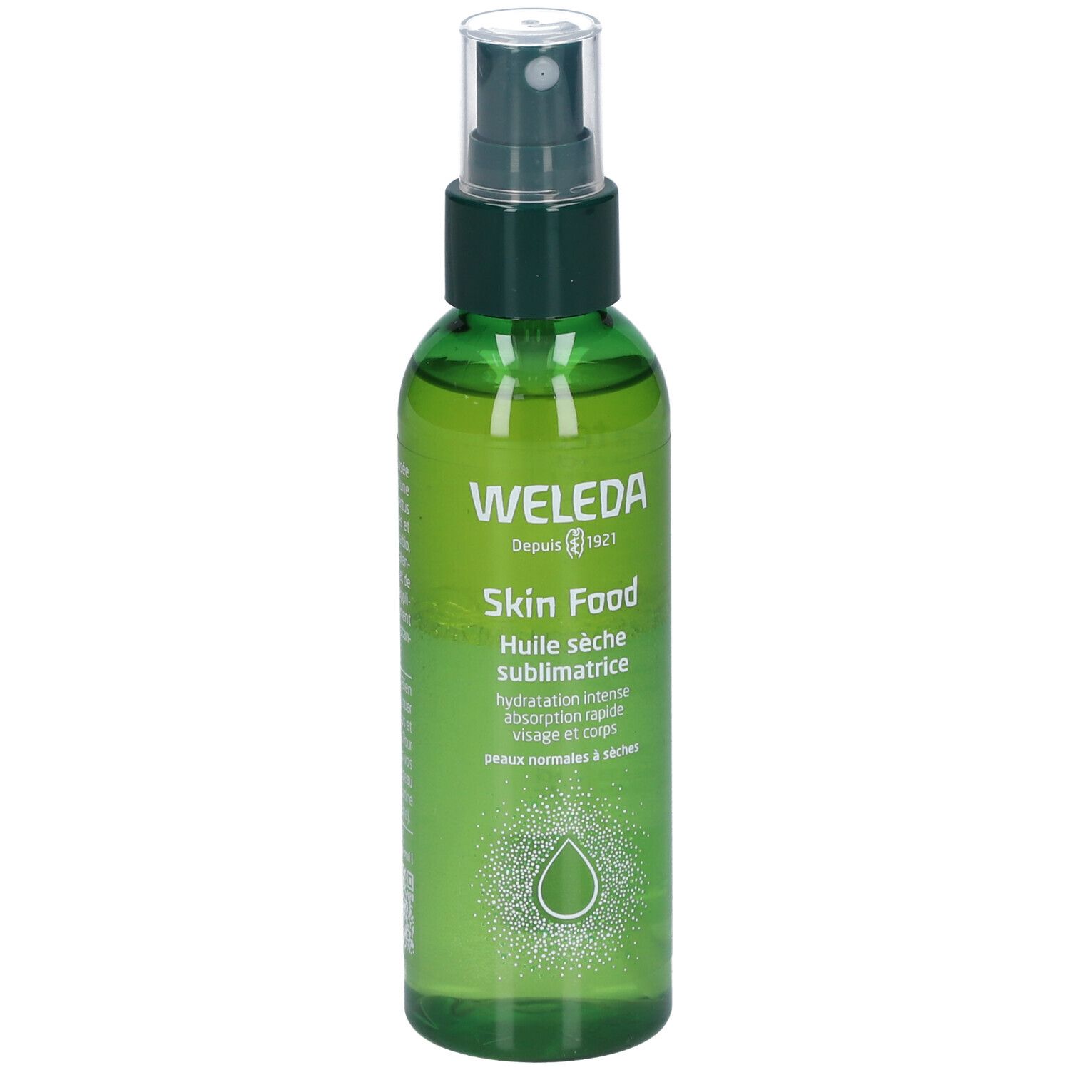 Grüne Sprühflasche mit WELEDA Skin Food. Klare Flüssigkeit, grüner Deckel. Text: Huile sèche sublimatrice.
