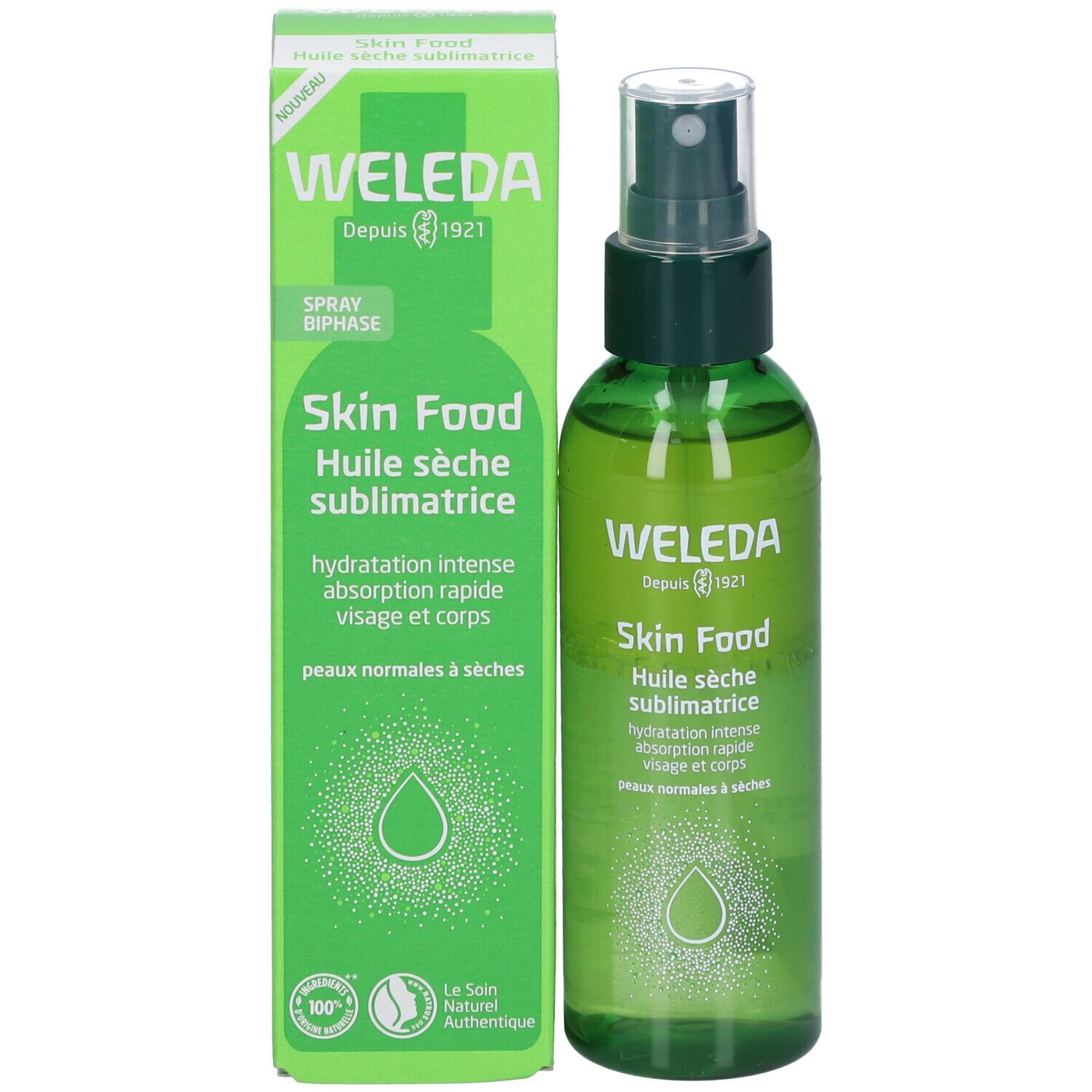WELEDA Skin Food Huile sèche sublimatrice und Verpackung. Grüne Flasche und Schachtel. Text auf beiden.