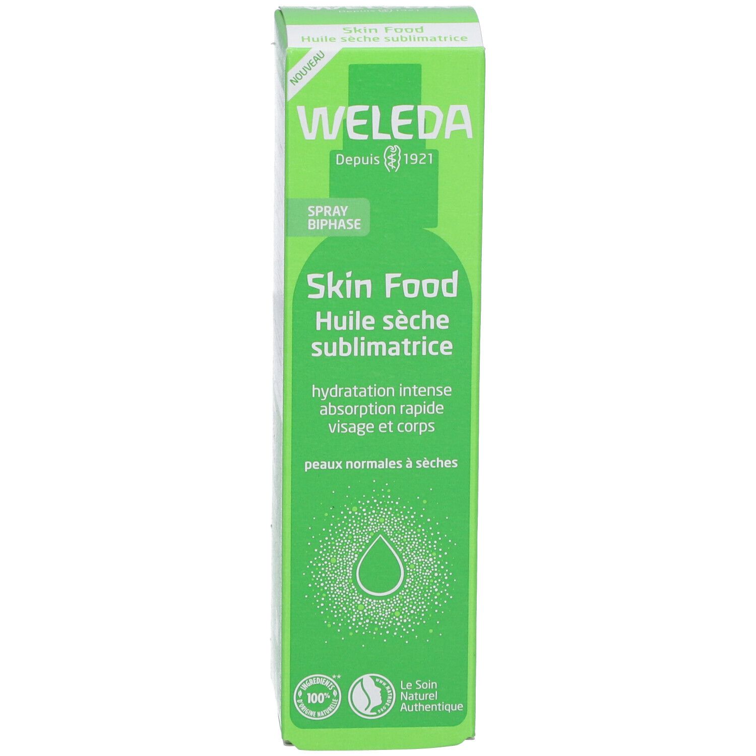 Grüne Verpackung mit WELEDA Skin Food Huile sèche sublimatrice. Text und Logos. Weiße Schrift.