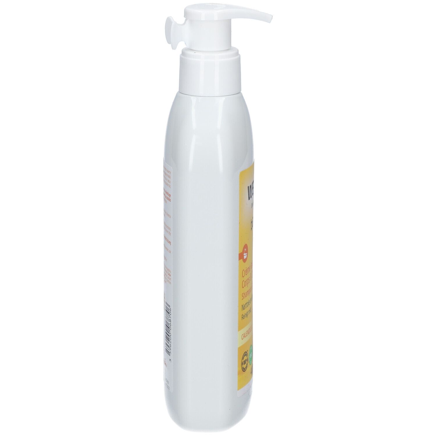 Flacon blanc avec pompe. Étiquette jaune sur le côté avec texte. Produit pour bébés.
