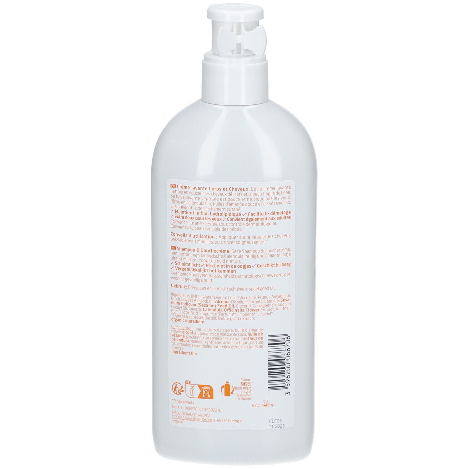 Dos d'un flacon blanc avec étiquette jaune. Texte en plusieurs langues. Produit pour bébés.
