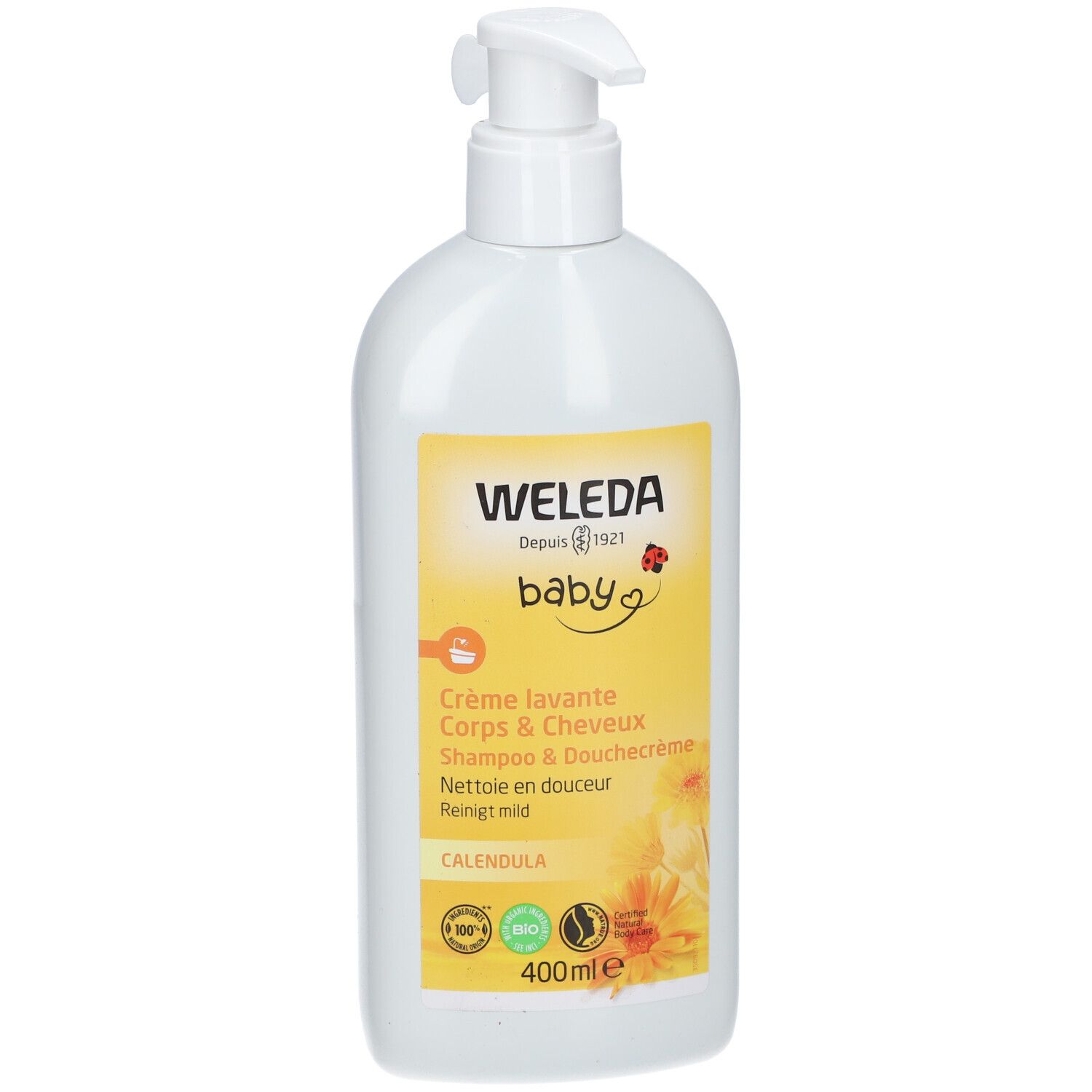 Flacon blanc avec étiquette jaune. Inscription: WELEDA Baby, Crème lavante Corps & Cheveux, Calendula. Avec pompe.
