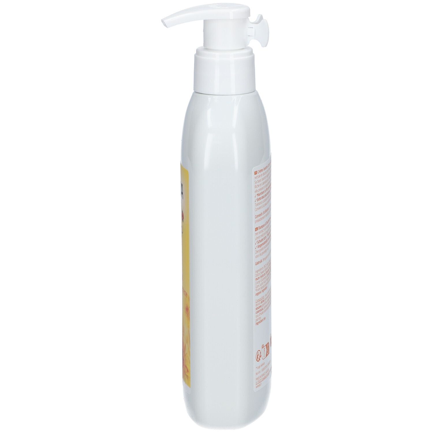 Flacon blanc avec pompe. Étiquette jaune sur le côté avec texte. Produit pour bébés.