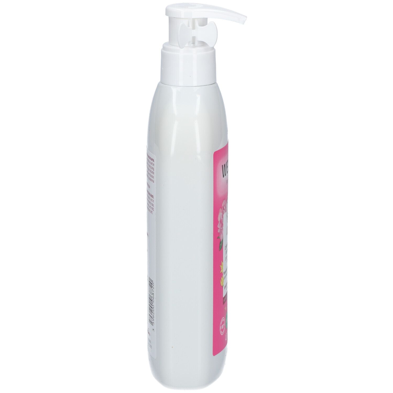 Flacon blanc avec pompe, vue latérale. Étiquette visible avec texte et informations sur le produit.