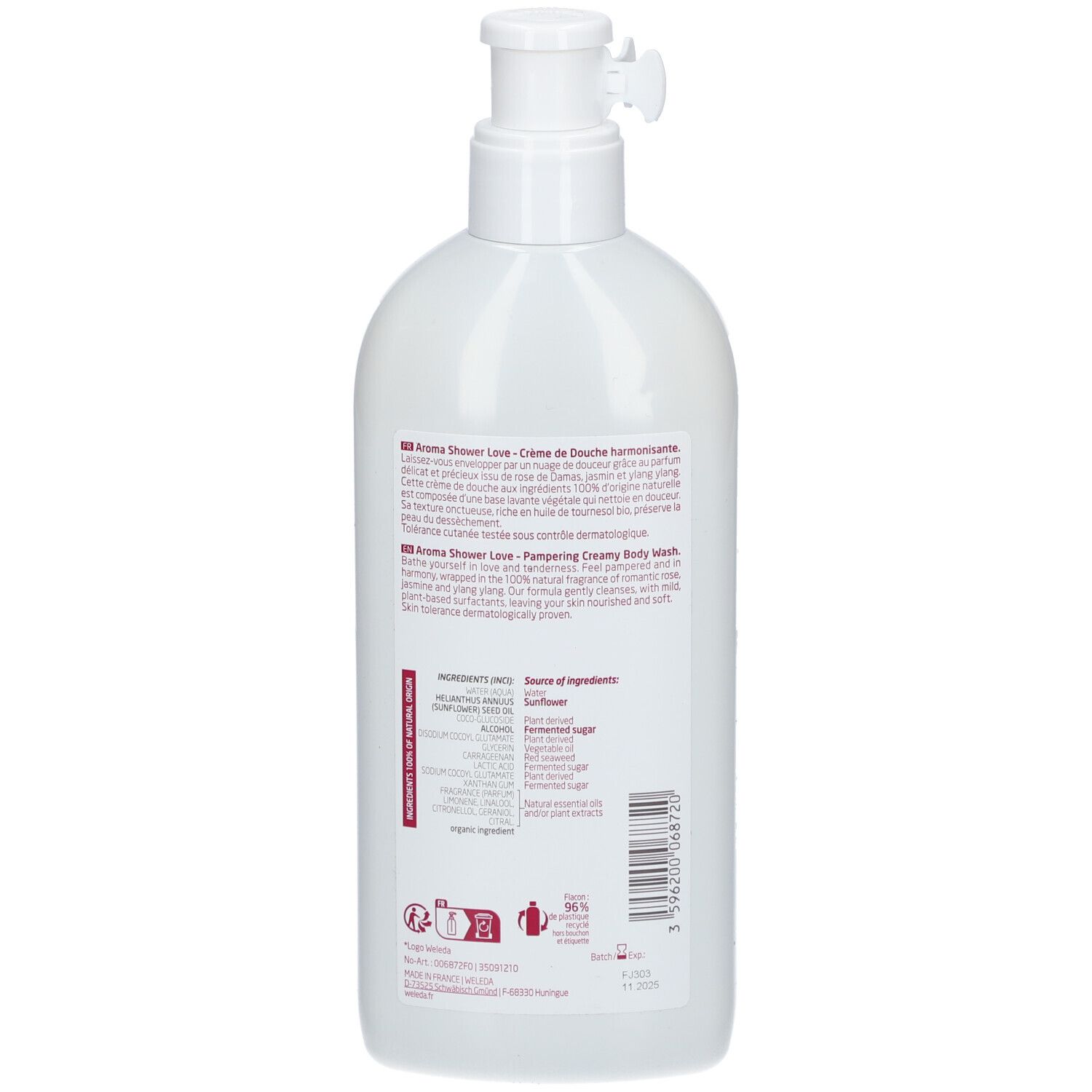 Dos du flacon blanc avec pompe. Étiquette rose avec texte, ingrédients et informations sur le produit.