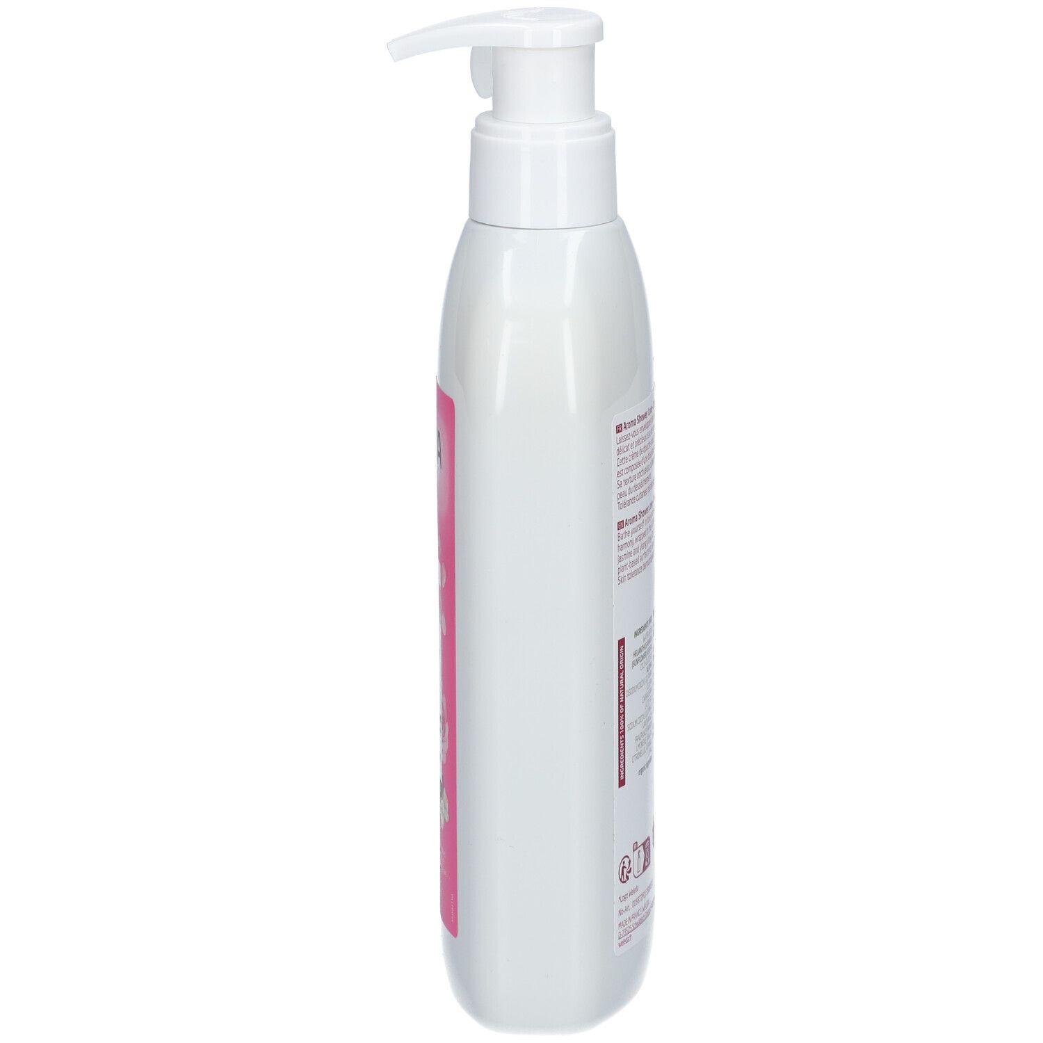 Flacon blanc avec pompe, vue latérale. Étiquette visible avec texte et informations sur le produit.