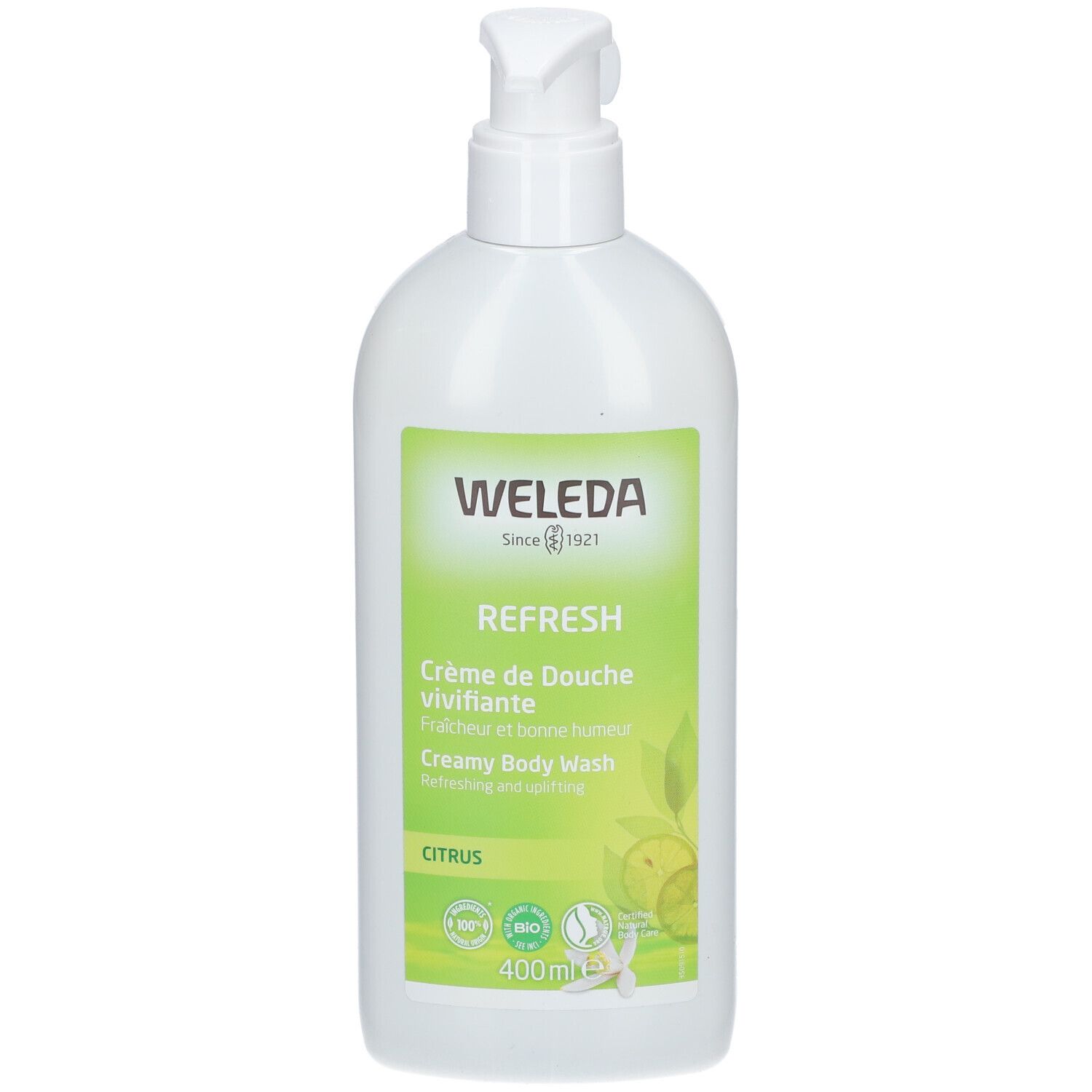 Witte fles met pomp. Groen etiket met WELEDA-logo, productnaam en citrusmotief. 400ml.