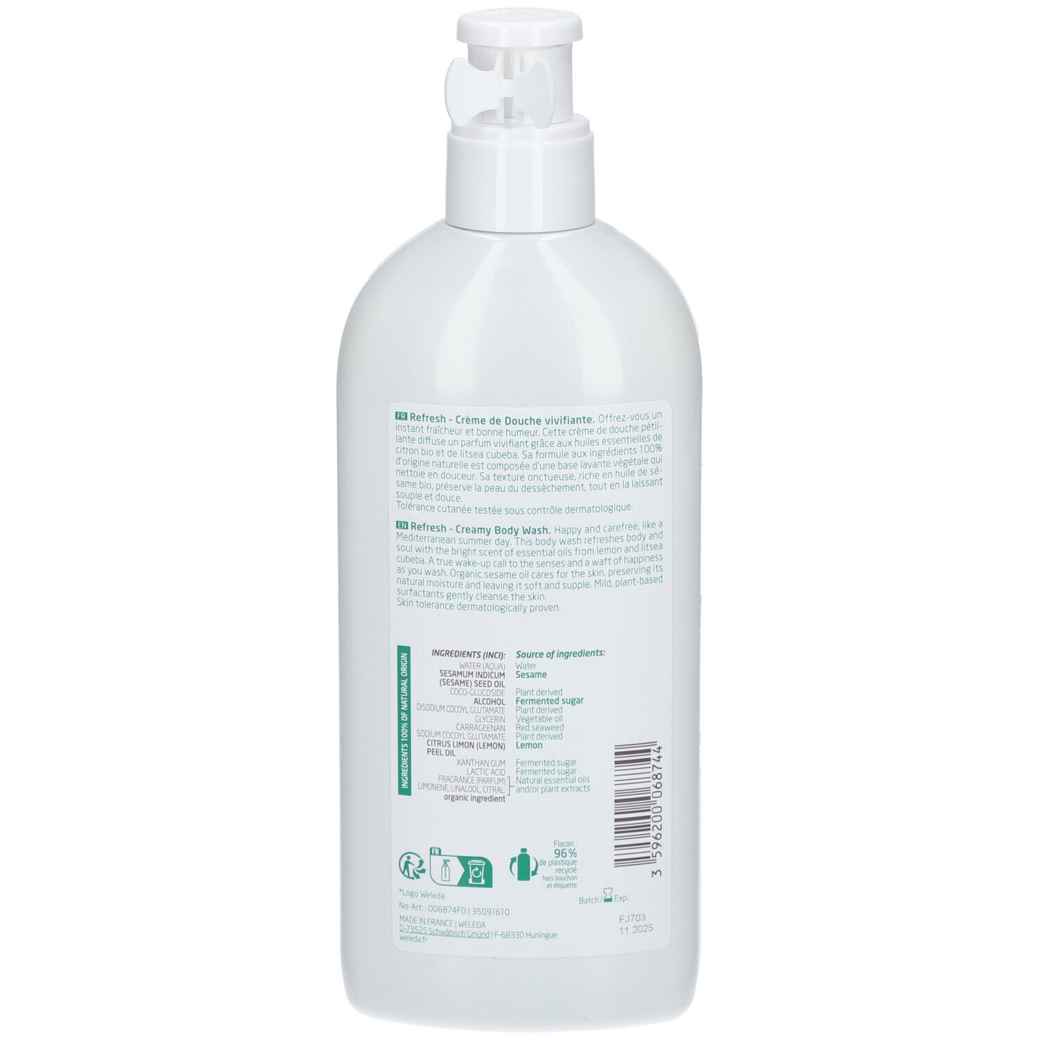 Achterkant van witte fles met pomp. Etiket met productinfo, ingrediënten en certificeringen.