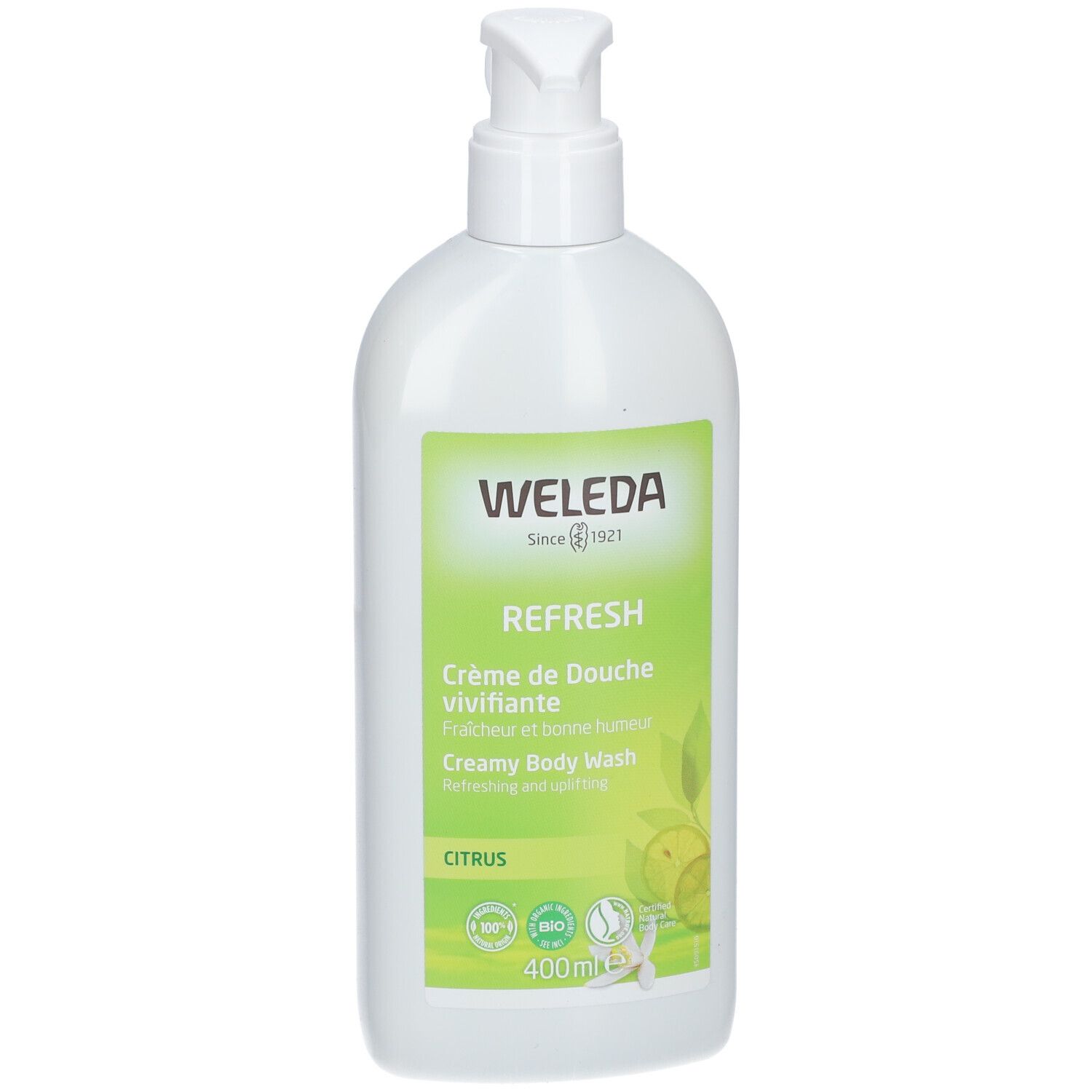 Witte fles met pomp. Groen etiket met WELEDA-logo, productnaam en citrusmotief. 400ml.