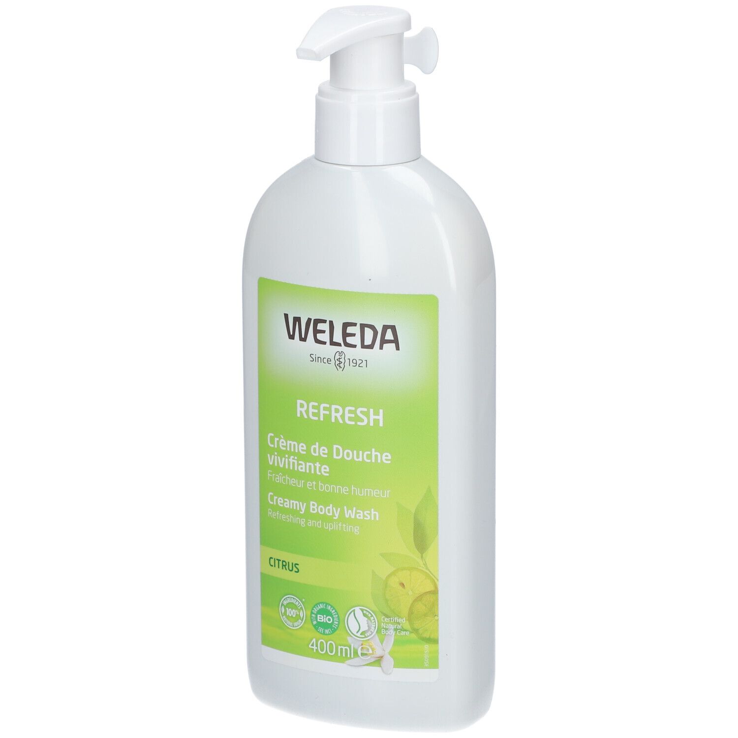 Witte fles met pomp. Groen etiket met WELEDA-logo, productnaam en citrusmotief. 400ml.