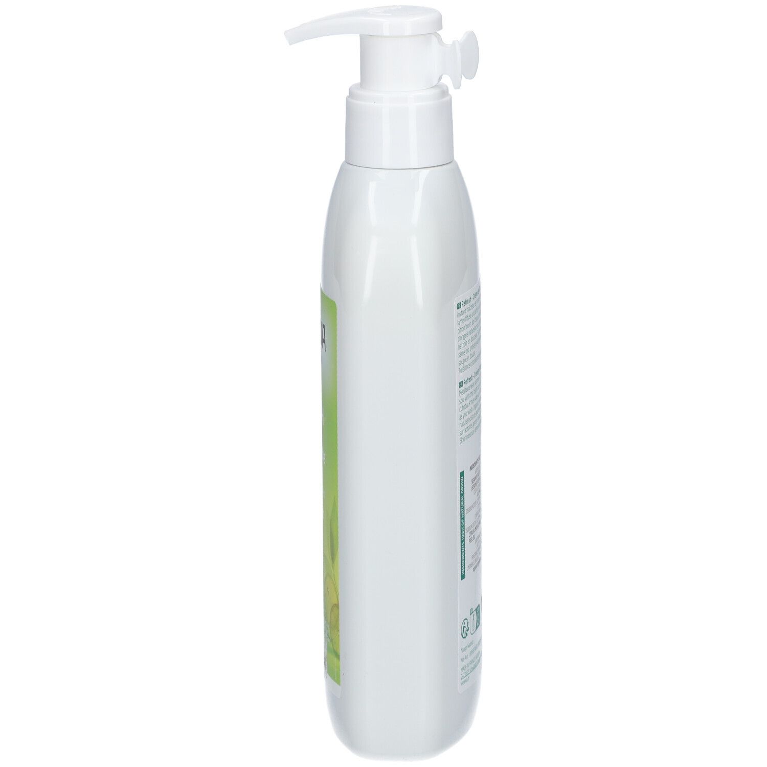 Witte fles met pomp, zijaanzicht. Etiket met productinformatie.