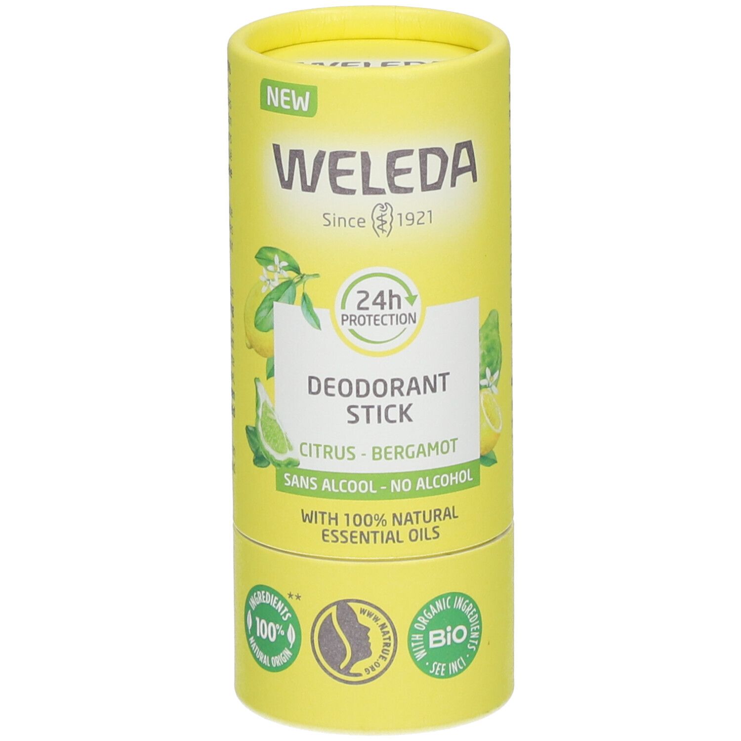 Zylindrische Verpackung. Gelb mit Produktinformationen. Schriftzug: WELEDA, Deodorant Stick, Citrus-Bergamote. Mit 100% natürlichen ätherischen Ölen.