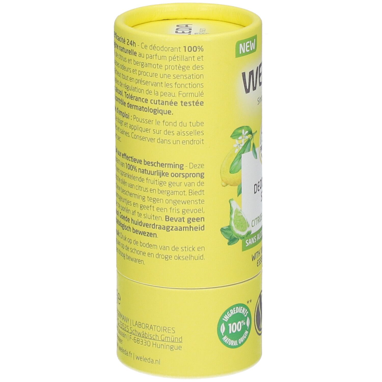 Zylindrische Verpackung. Gelb mit Text. Produktinformationen, Inhaltsstoffe, Gebrauchsanweisung. 24h effektiver Schutz. Ohne Alkohol.