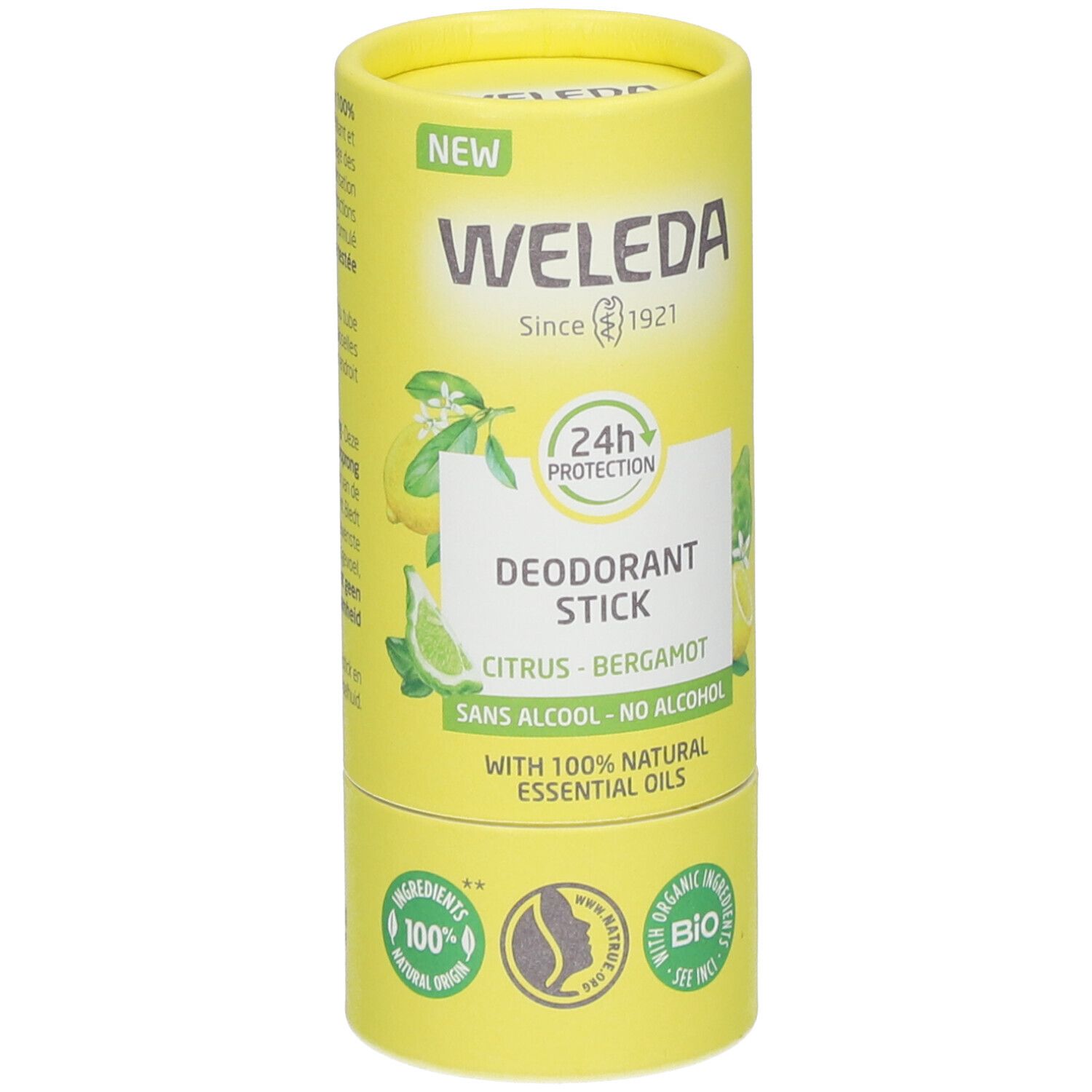 Zylindrische Verpackung. Gelb mit Produktinformationen. Schriftzug: WELEDA, Deodorant Stick, Citrus-Bergamote. Mit 100% natürlichen ätherischen Ölen.