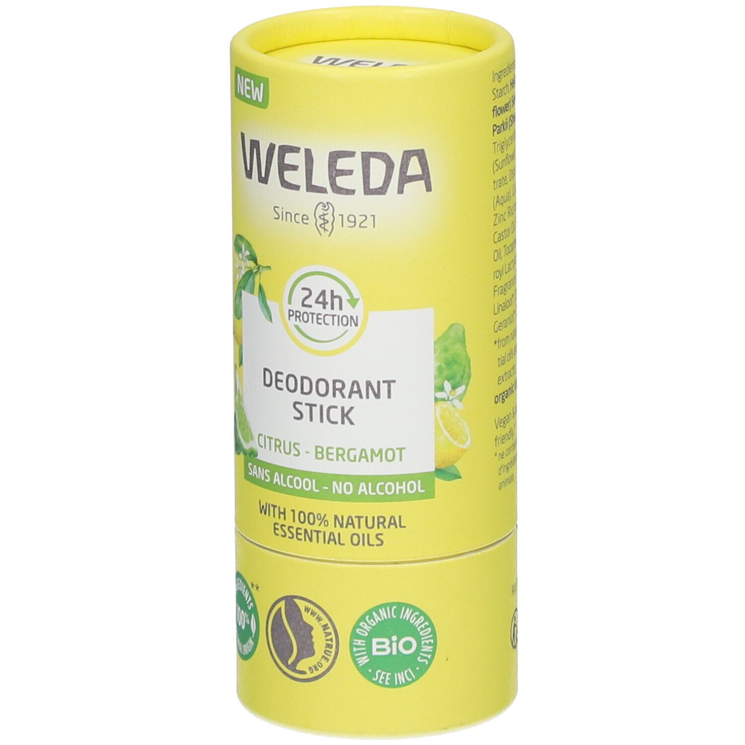 Zylindrische Verpackung. Gelb mit Produktinformationen. Schriftzug: WELEDA, Deodorant Stick, Citrus-Bergamote. Mit 100% natürlichen ätherischen Ölen.