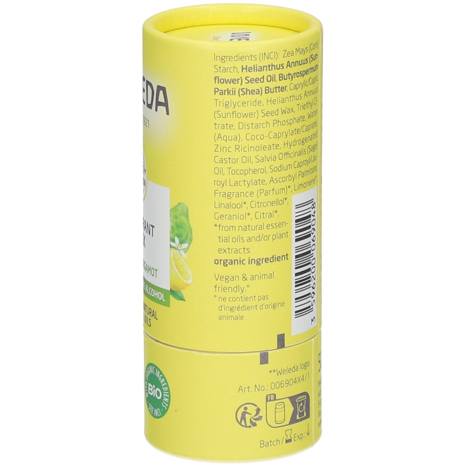 Zylindrische Verpackung. Gelb mit Text. Inhaltsstoffe, vegan, tierfreundlich. Chargennummer. Bio-Siegel.