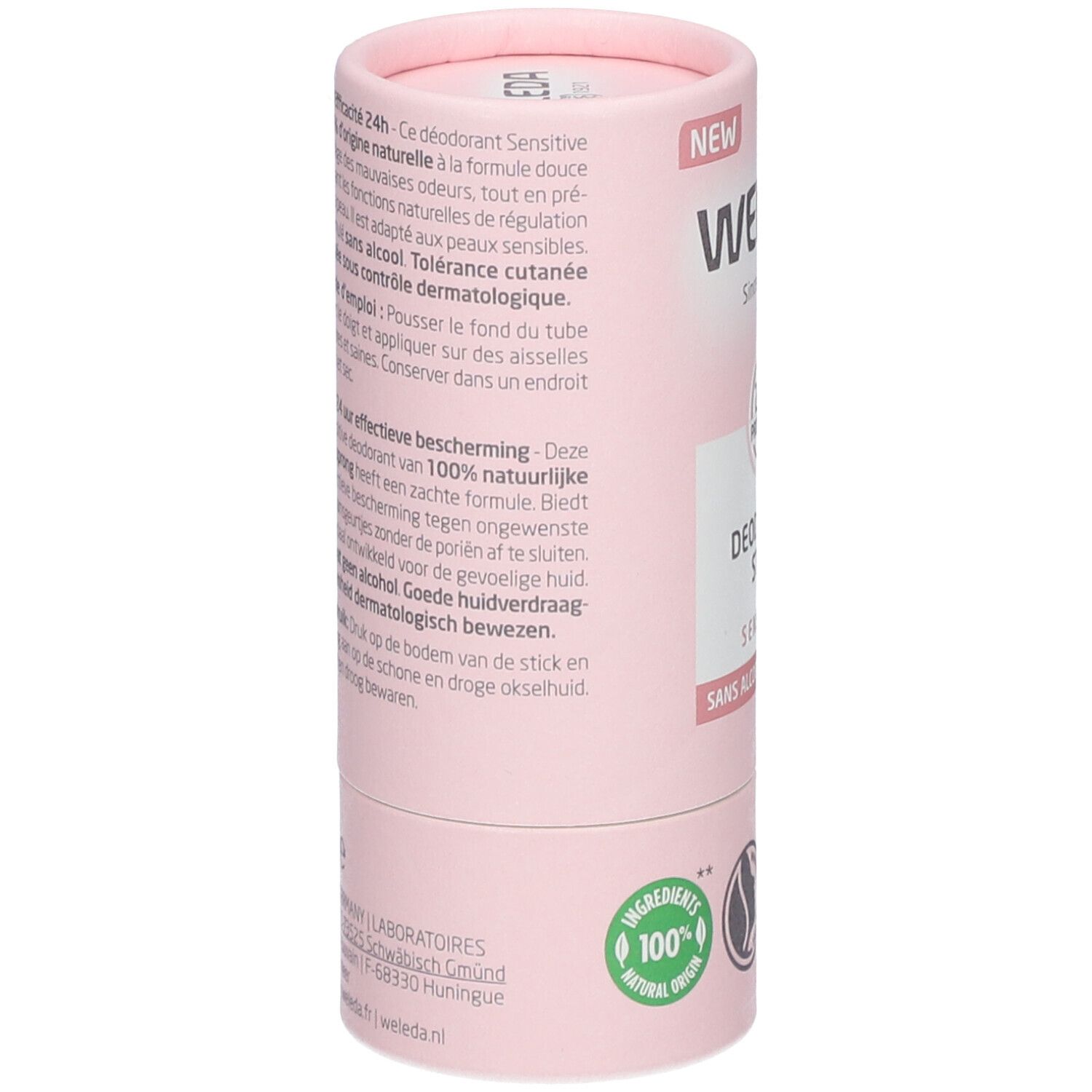 Rosa zylindrische Verpackung. Text in Französisch und Niederländisch. Unten: "100% natural origin" und Logo. Seite: "WELEDA" und Logo.