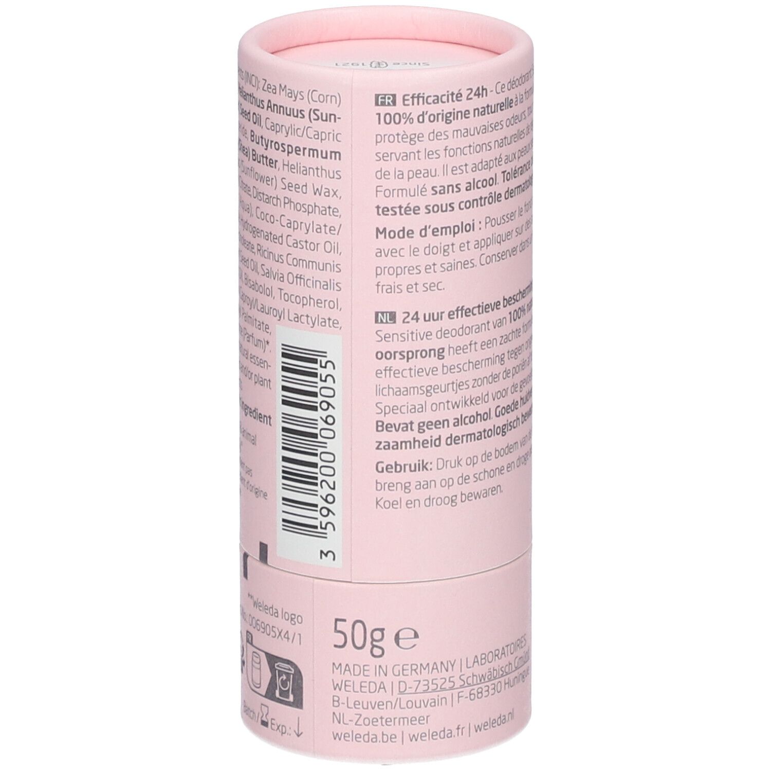 Rosa zylindrische Verpackung. Text in Französisch und Niederländisch. Unten: "50g E", "MADE IN GERMANY". Seite: Inhaltsstoffe, Logo.