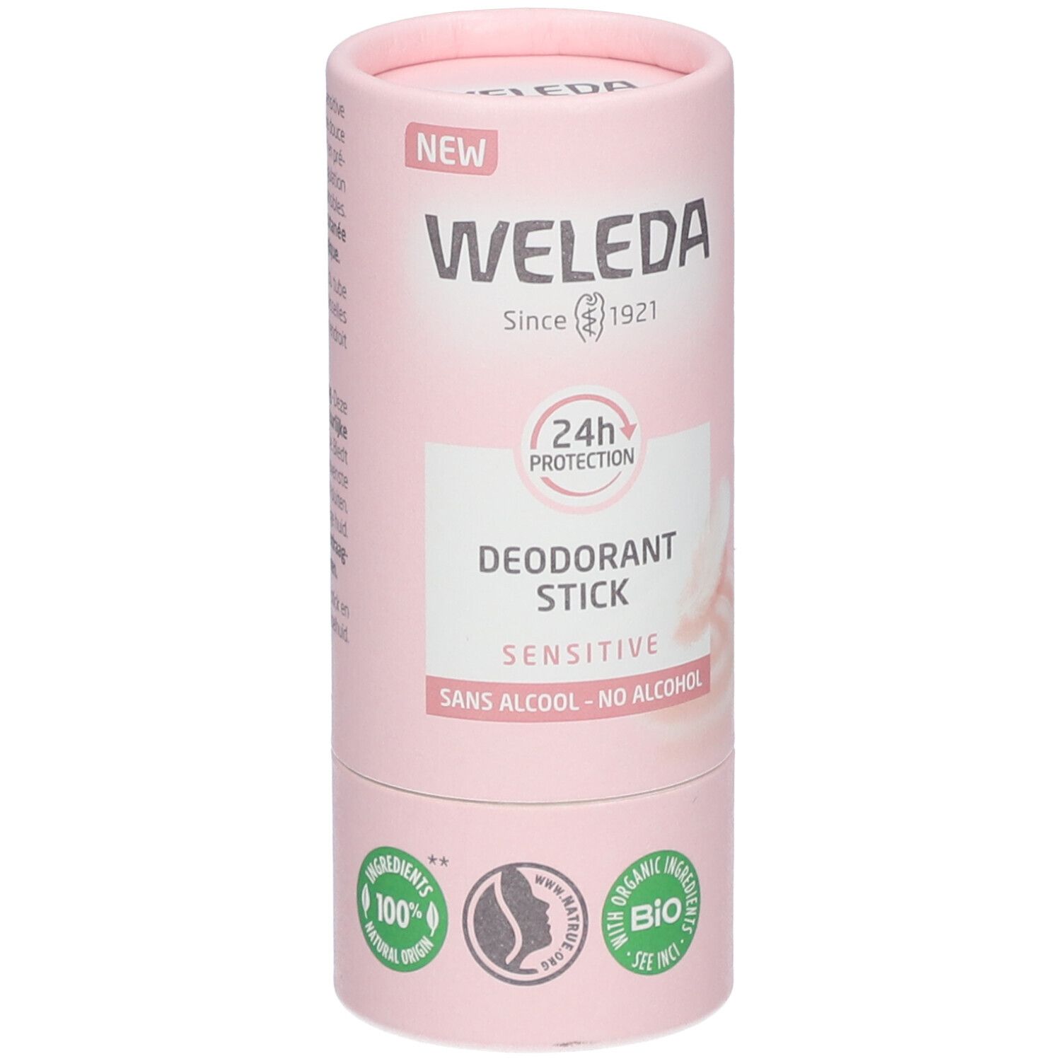 Rosa zylindrische Verpackung. Oben: "NEW", "WELEDA Since 1921". Mitte: "24H PROTECTION", "DEODORANT STICK SENSITIVE". Unten: Logos.