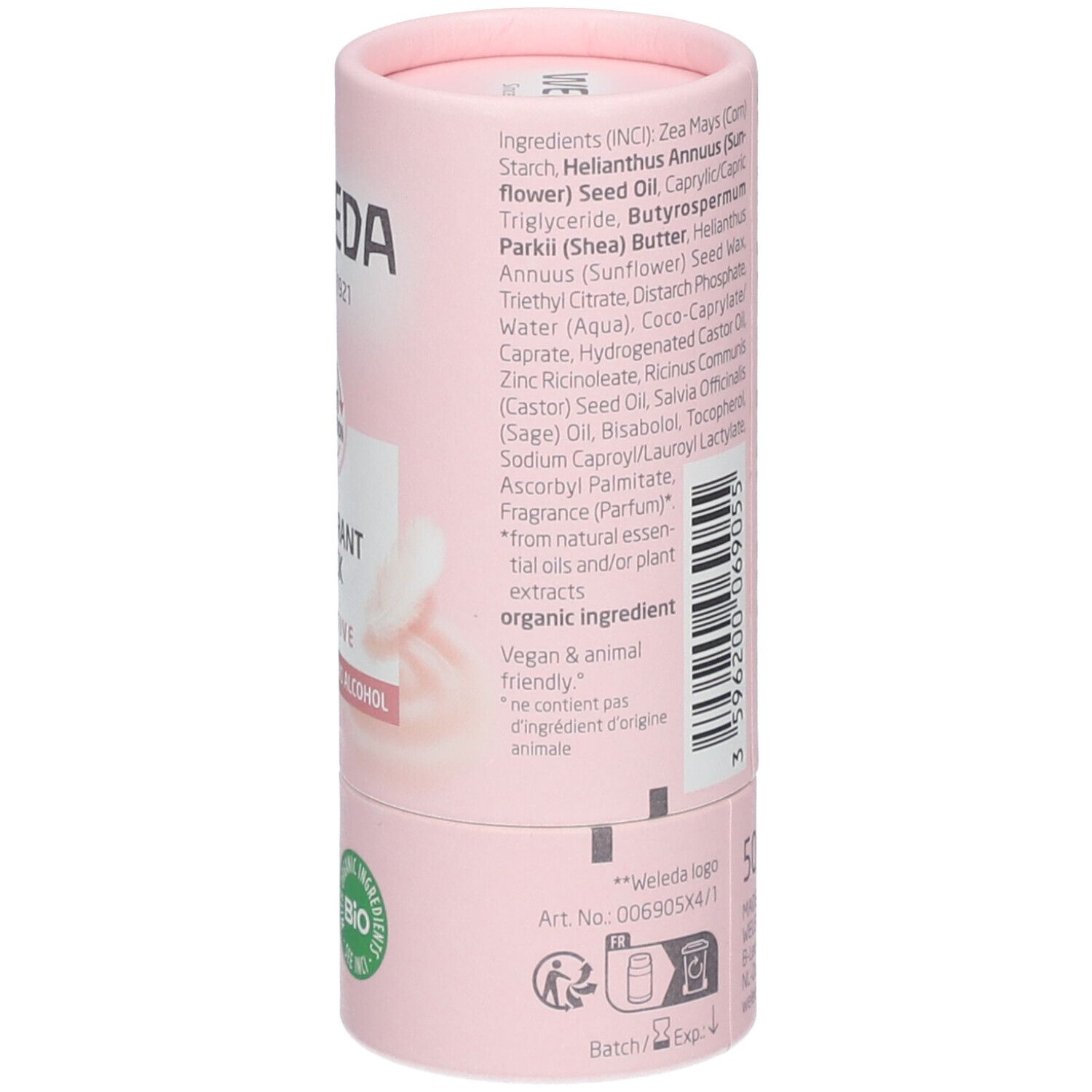 Rosa zylindrische Verpackung. Inhaltsstoffe, "organic ingredient", "Vegan & animal friendly". Unten: "Weleda logo".
